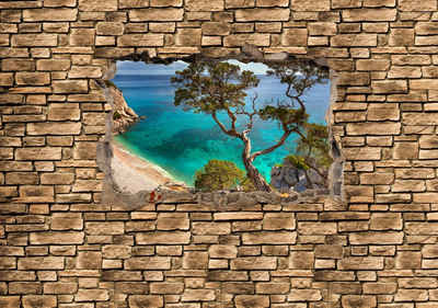 wandmotiv24 Fototapete 3D Alter Baum auf einer Klippe - Steinmauer, glatt, Wandtapete, Motivtapete, matt, Vliestapete, selbstklebend