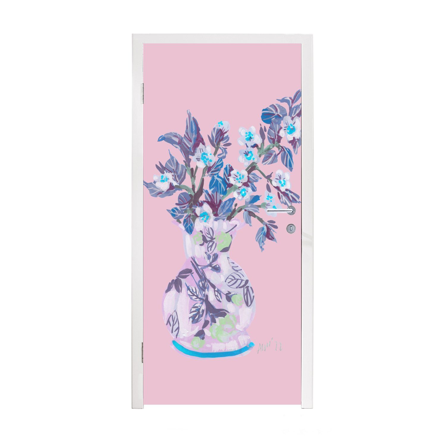 Türaufkleber, bedruckt, Fototapete Rosa - 75x205 Tür, Matt, (1 Pflanzen, - Blumen für MuchoWow Vase - Türtapete cm St),