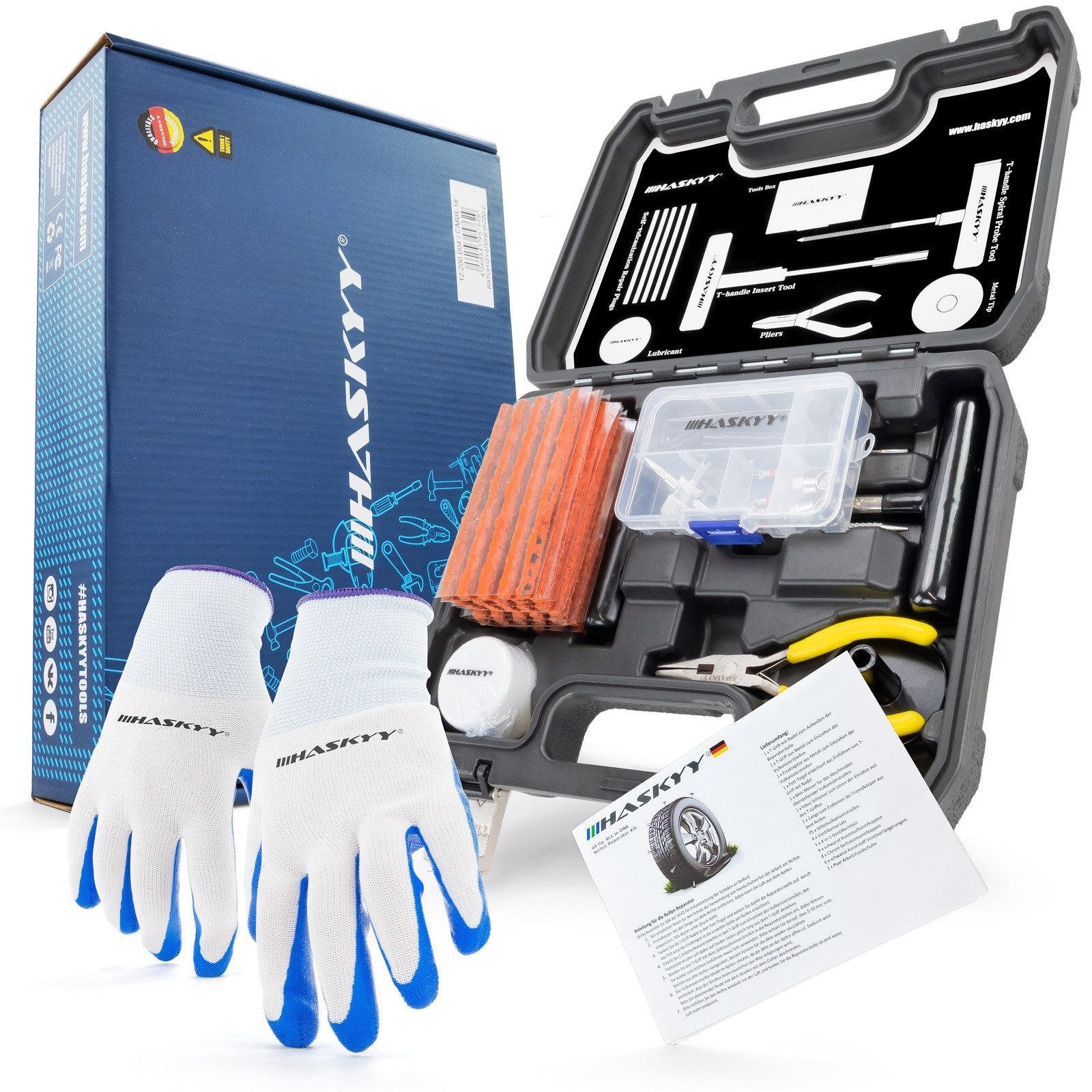 HASKYY Reifen-Reparaturset 60tlg. Auto-Reifen-Reparatur-Set Pannenset Flickzeug PKW LKW Motorrad
