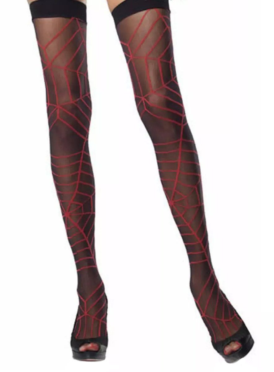 Leg Avenue Socken Rote Hexen Overknees - für Halloween Kostüm Damen Lange Feinstrümpfe mit aufgedrucktem Spinnennetz
