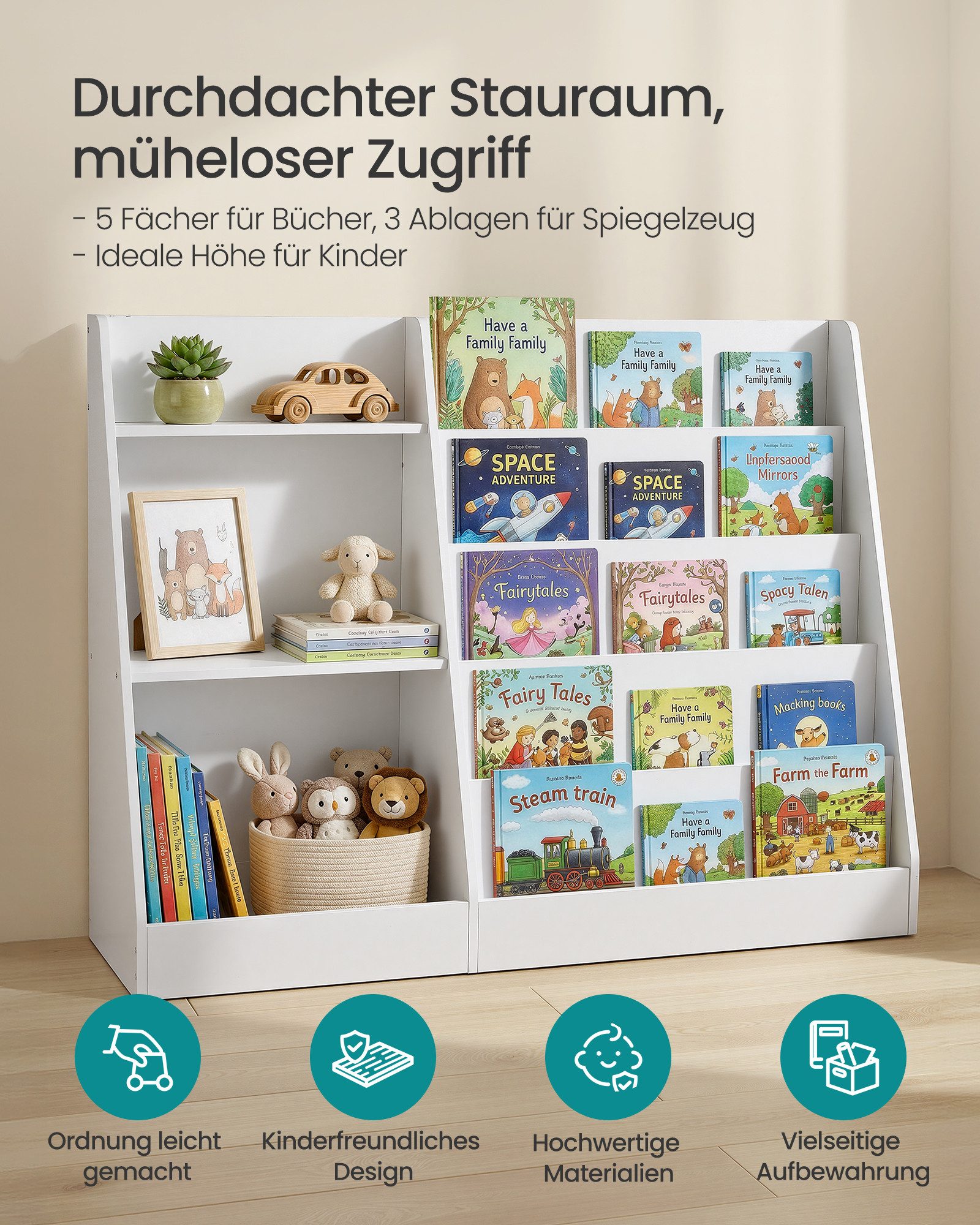 SONGMICS Spielzeugtruhe Kinderregal, Bücherregal, Spiegelregal, Spielzeugregal, Montessori Regal mit 5 Ebenen, 30 x 103,6 x 80 cm
