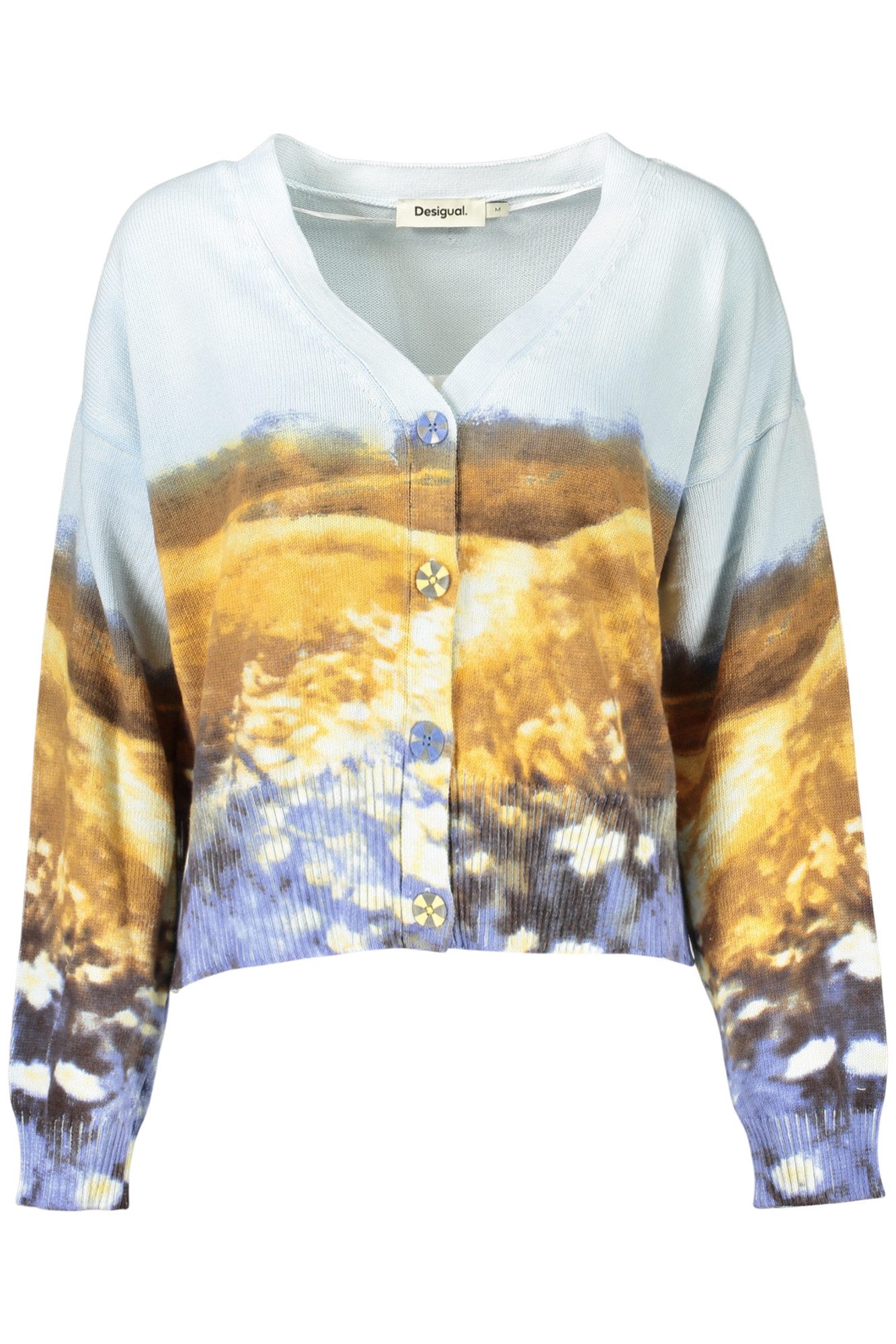 Desigual Strickpullover Blaue Damen-Strickjacke: Langarm-Cardigan mit V-Ausschnitt & Druckknö
