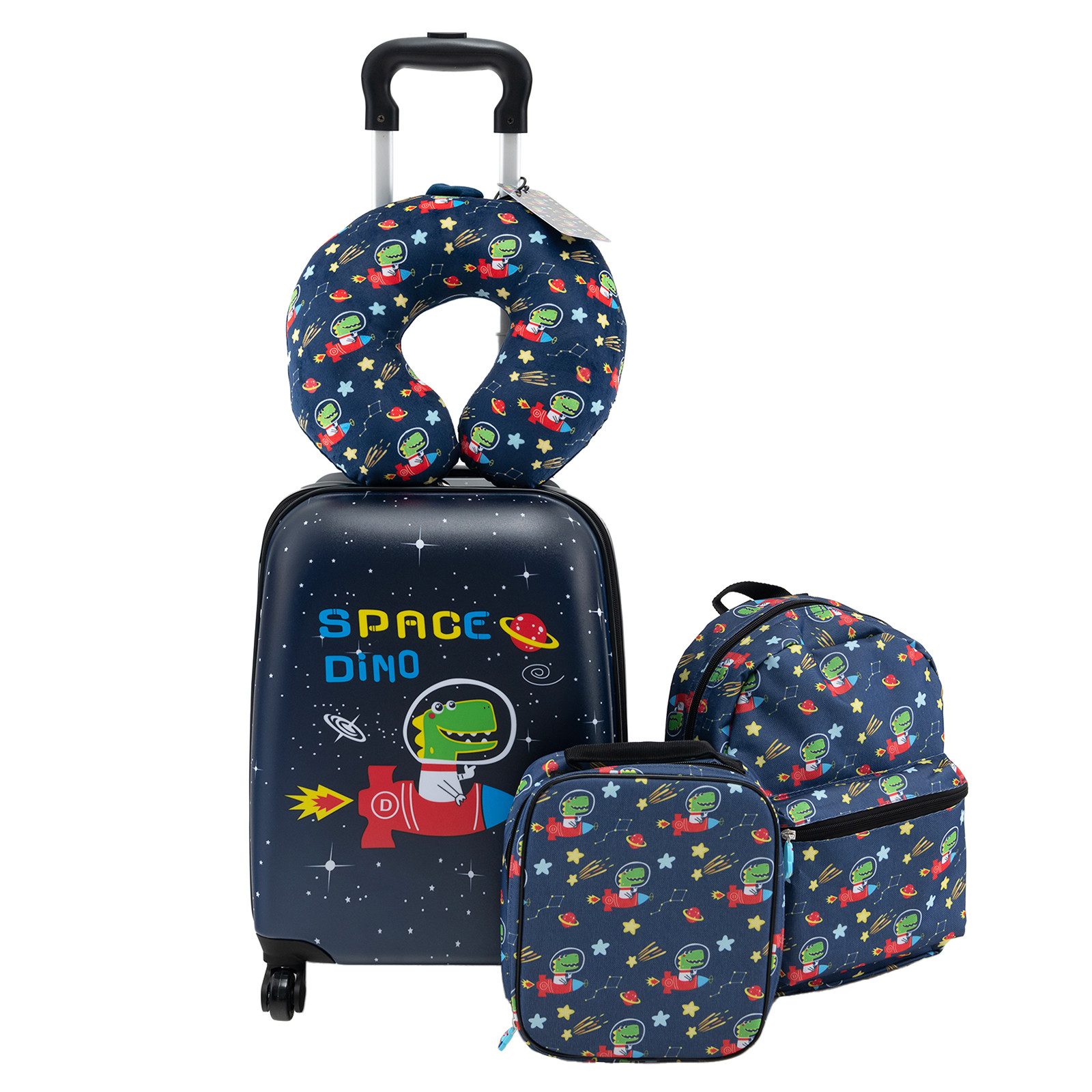 COSTWAY Kinderkoffer Set, 4 Rollen, 5 teiliges Trolley mit Handgepäck, Kissen