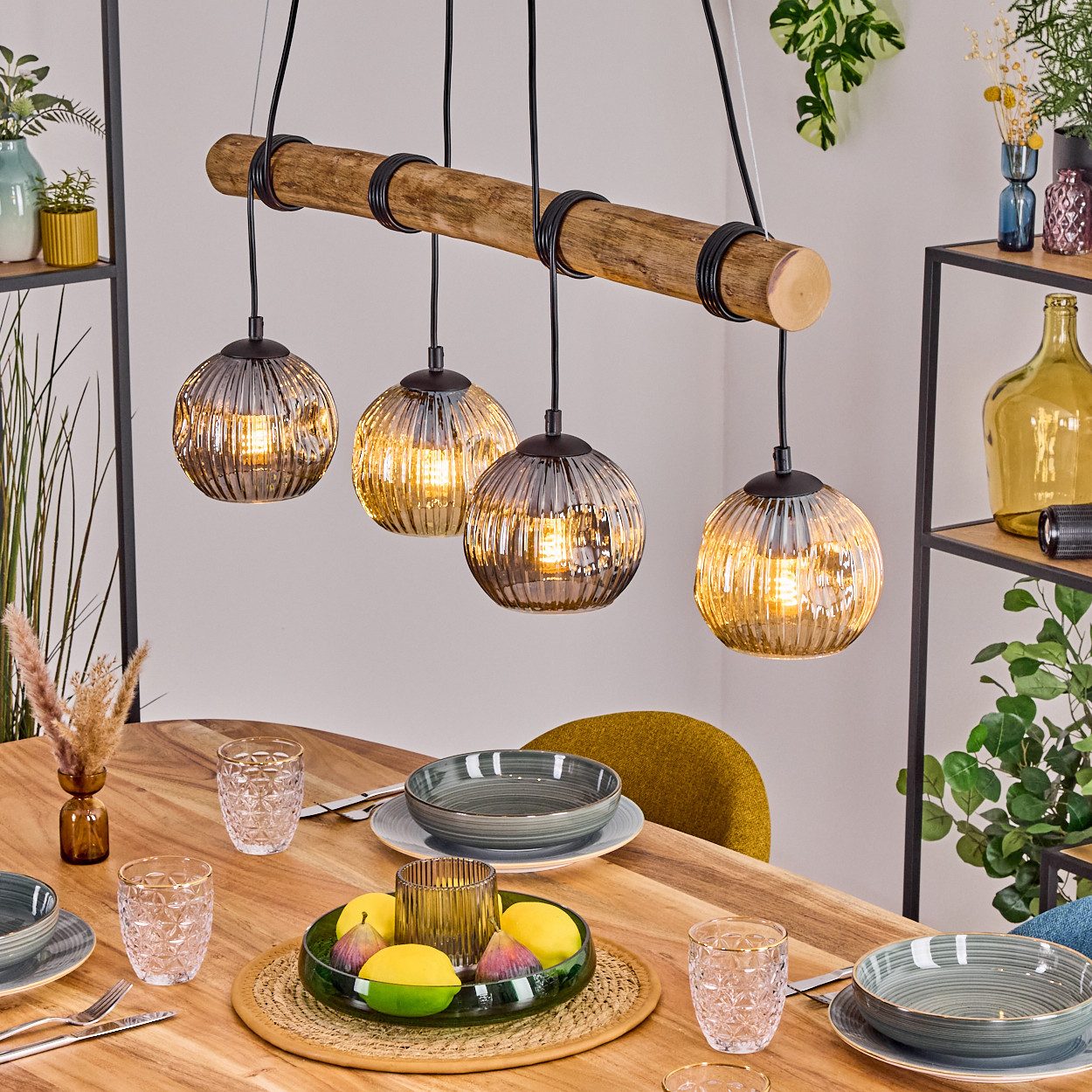 Pendelleuchte Hängelampe aus Metall/Holz/Riffelglas in Schwarz/Natur/Rauch/Bernstein