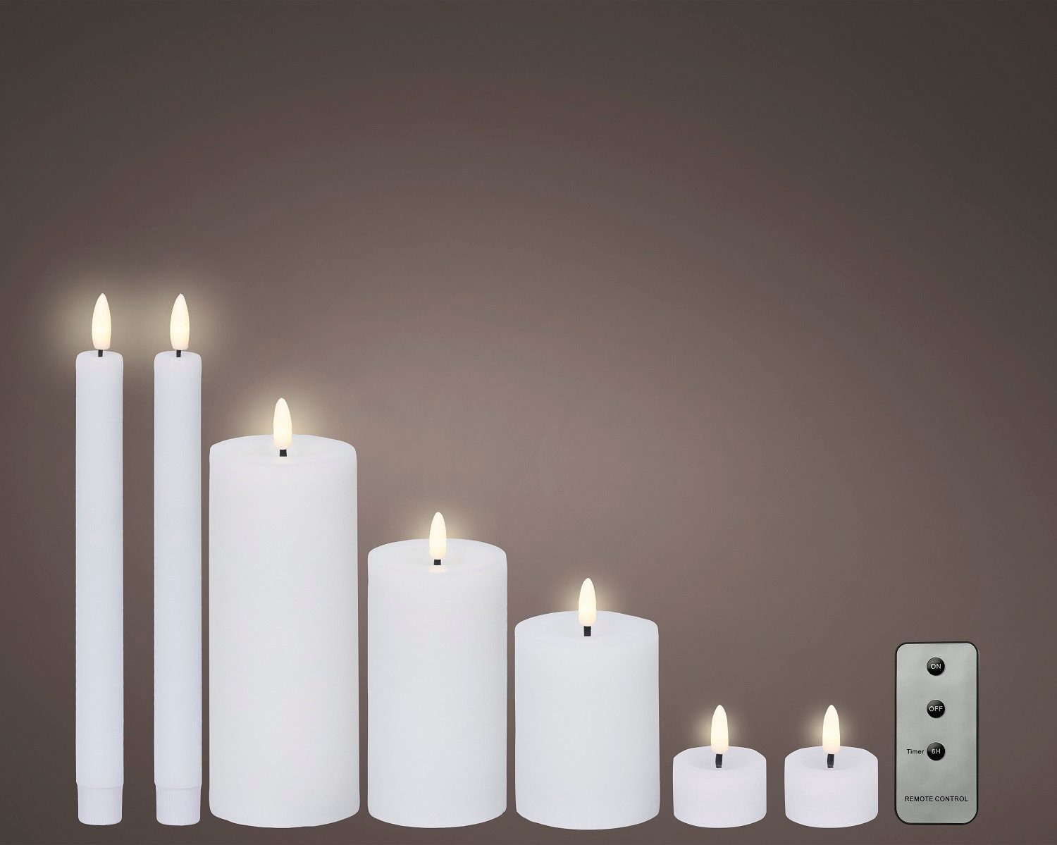 Lumineo LED-Christbaumkerzen Lumineo LED Wachskerzen 7er-Set Weiß, batteriebetrieben, 6h-Timer, Indoor, Flacker-Effekt, 2x AAA Batterien, mit Fernbedienung