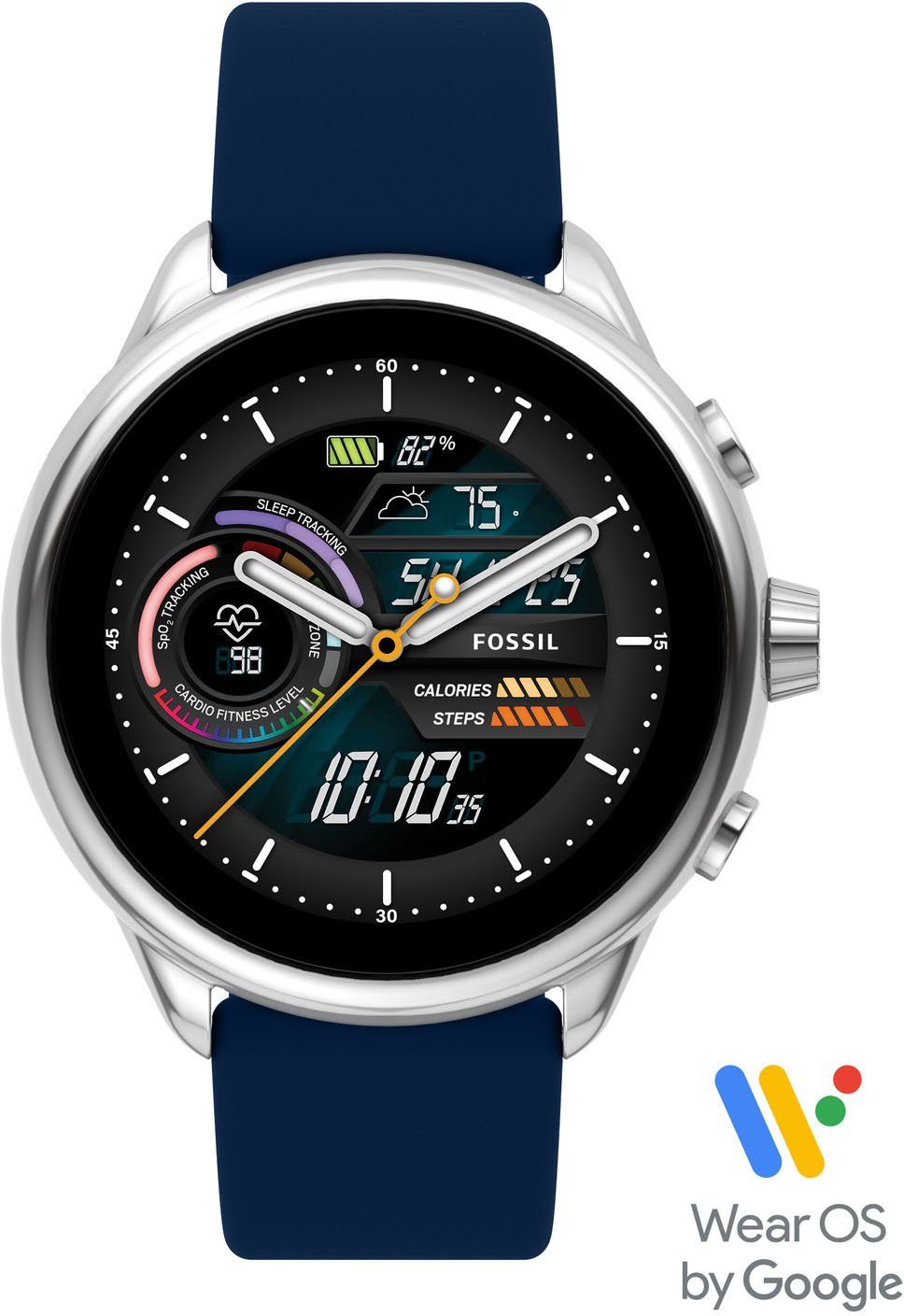 Fossil Smartwatches Fossil Gen 6 Display Wellness Edition, FTW4070  Smartwatch (Wear OS by Google), Edelstahlgehäuse silberfarben, glänzend, Ø  ca. 44mm
