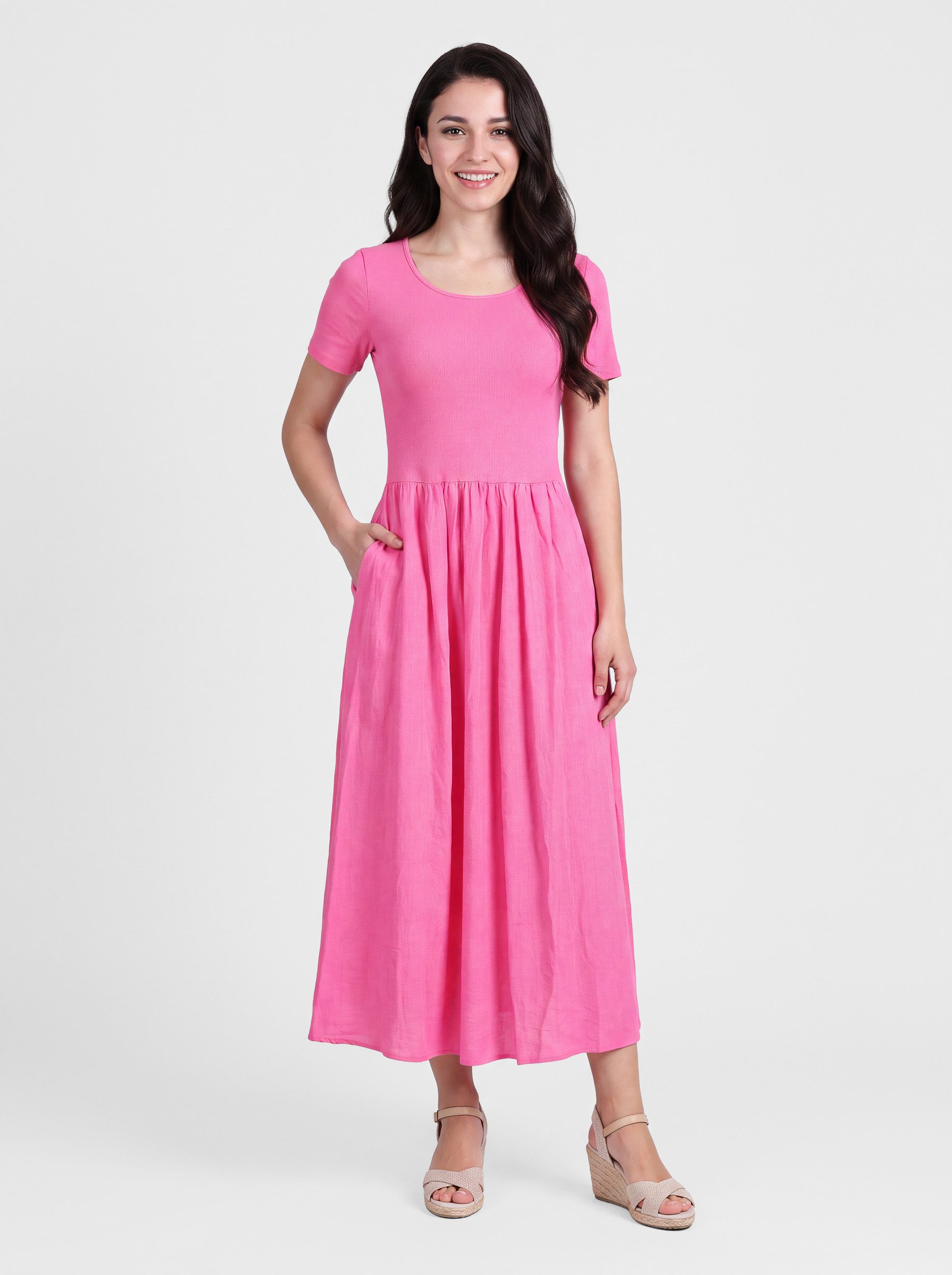 PEKIVESSA Sommerkleid Midikleid wadenlang Kurzarm mit Taschen Material-Mix aus Rippstrick und Viskoserock