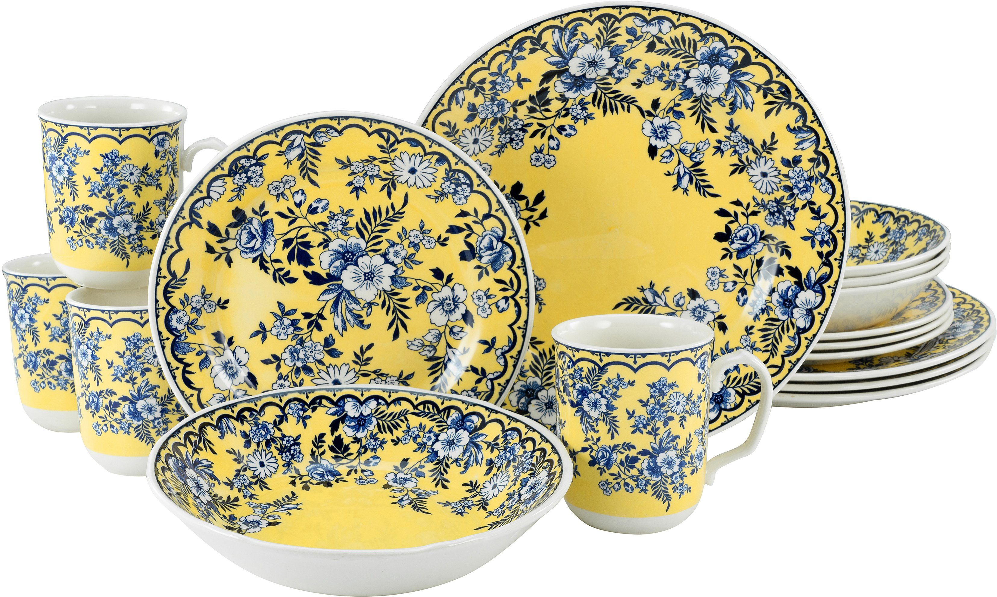 CreaTable Kombiservice Geschirr-Set Ming Flower (16-tlg), 4 Personen, Steingut, Service, traditionelle, fernöstliche Motive, 16 Teile, für 4 Personen | Tafelservice