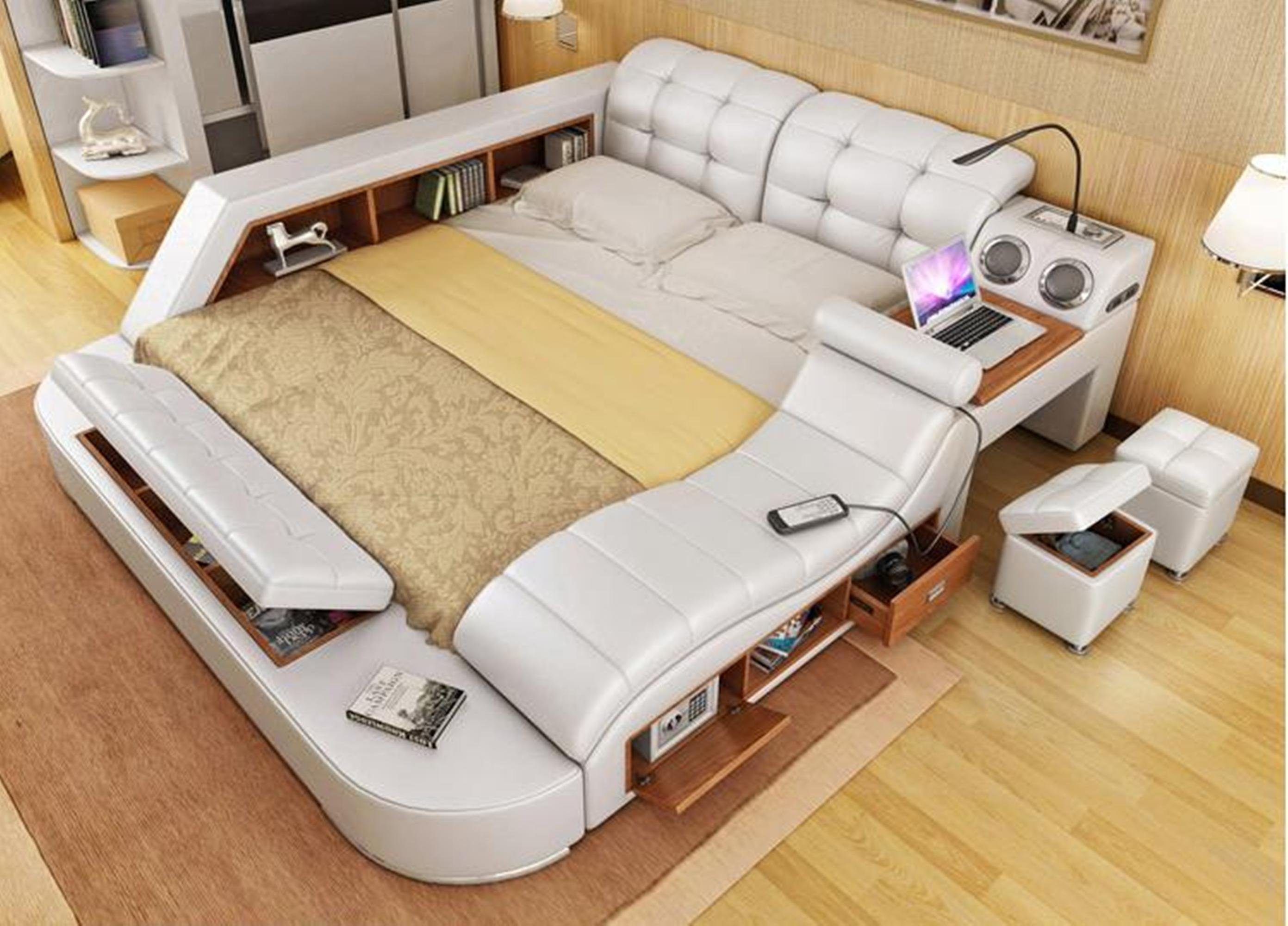 Leder Luxus Bett + Doppel USB Betten Multifunktion Polster JVmoebel Bett Moderne