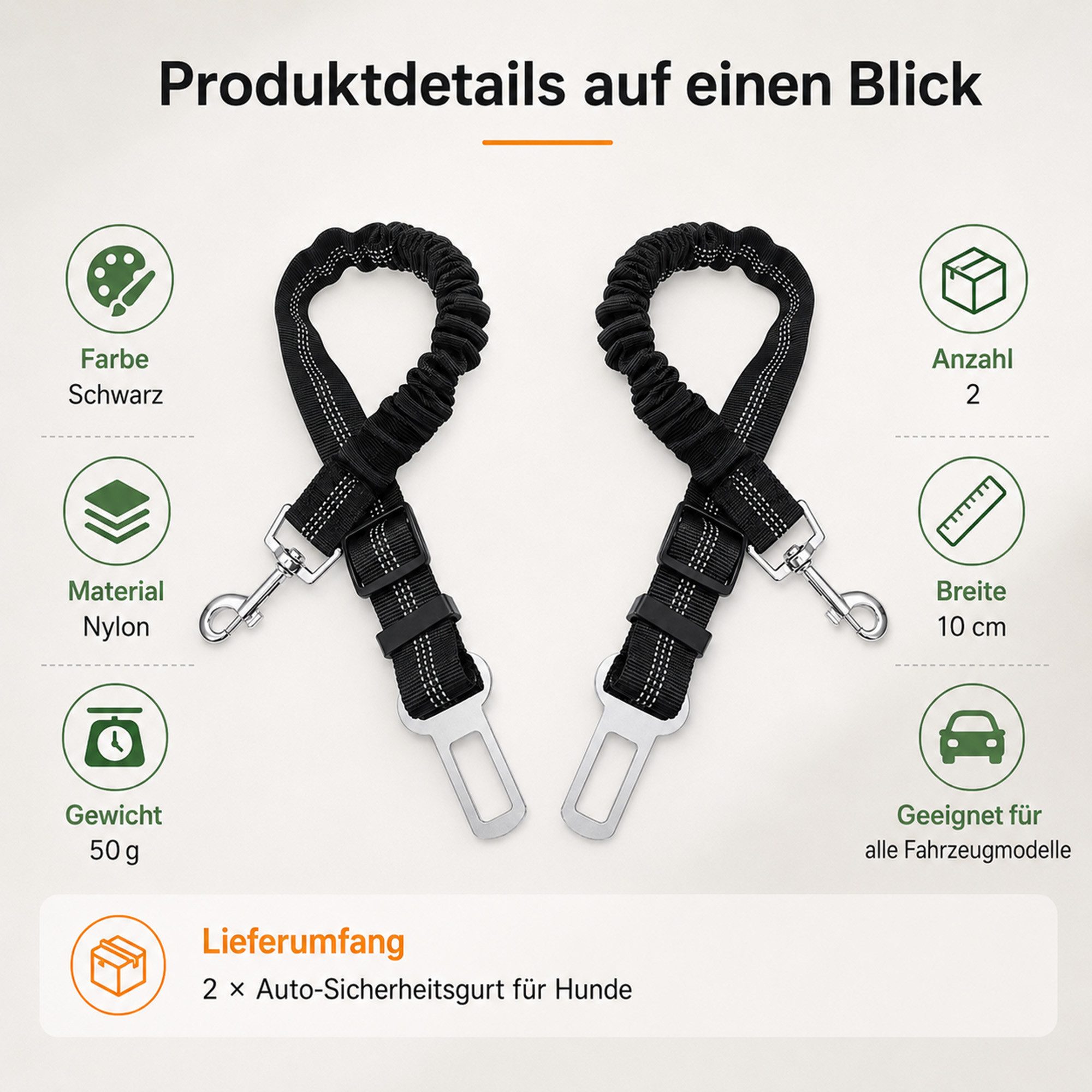 ibettertec Hundegurt fürs Auto, Anschnallgurt, Hundesicherheitsgeschirr Kinder-Sicherheitsgurt (Haustiersicherheitsgurt-Set, 2-tlg., 2 Stück im Set), verstellbar, elastische Ruckdämpfung, stabiler Karabiner
