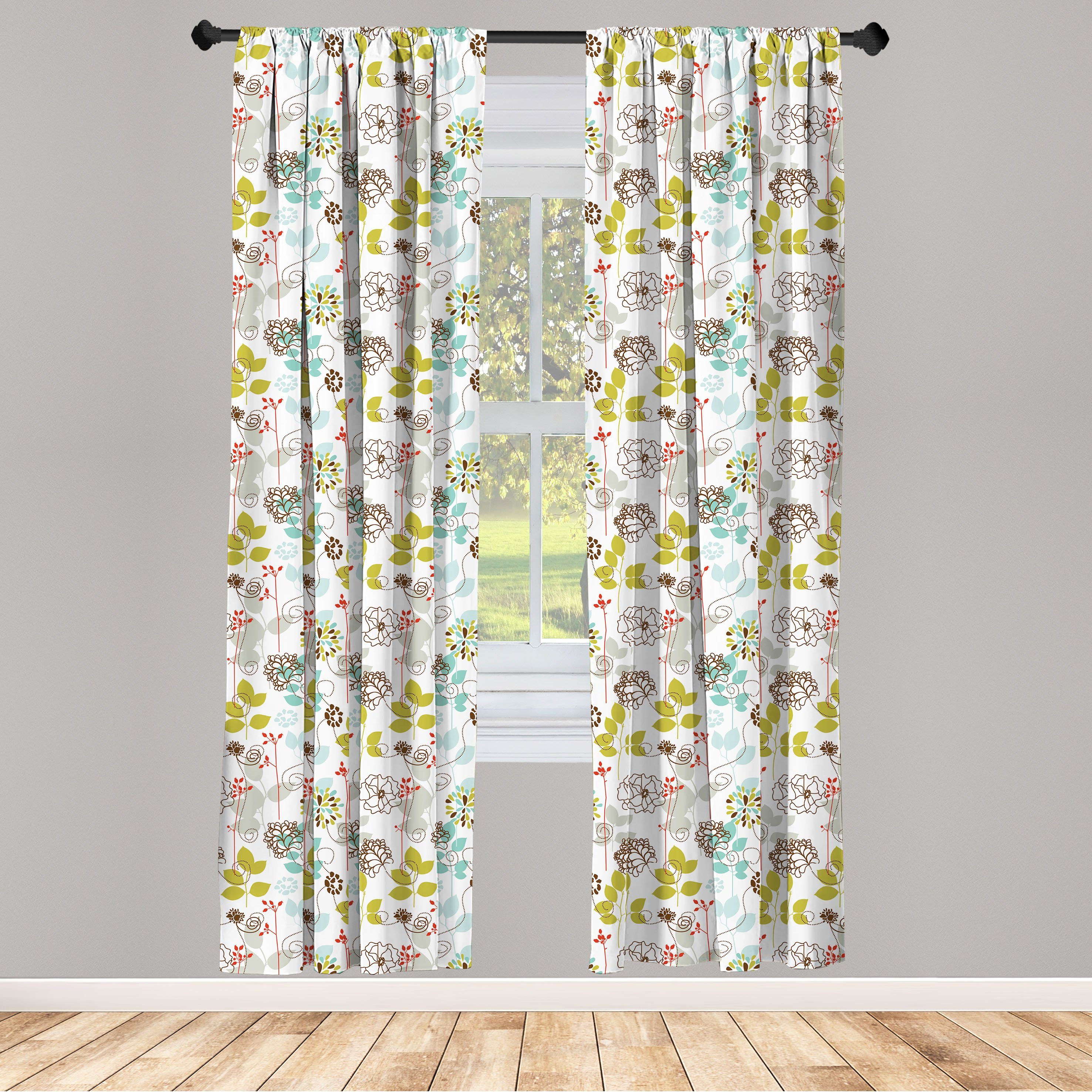 Gardine Vorhang für Wohnzimmer Schlafzimmer Dekor, Blumen Gekritzel-Art-Laub Abakuhaus, Microfaser