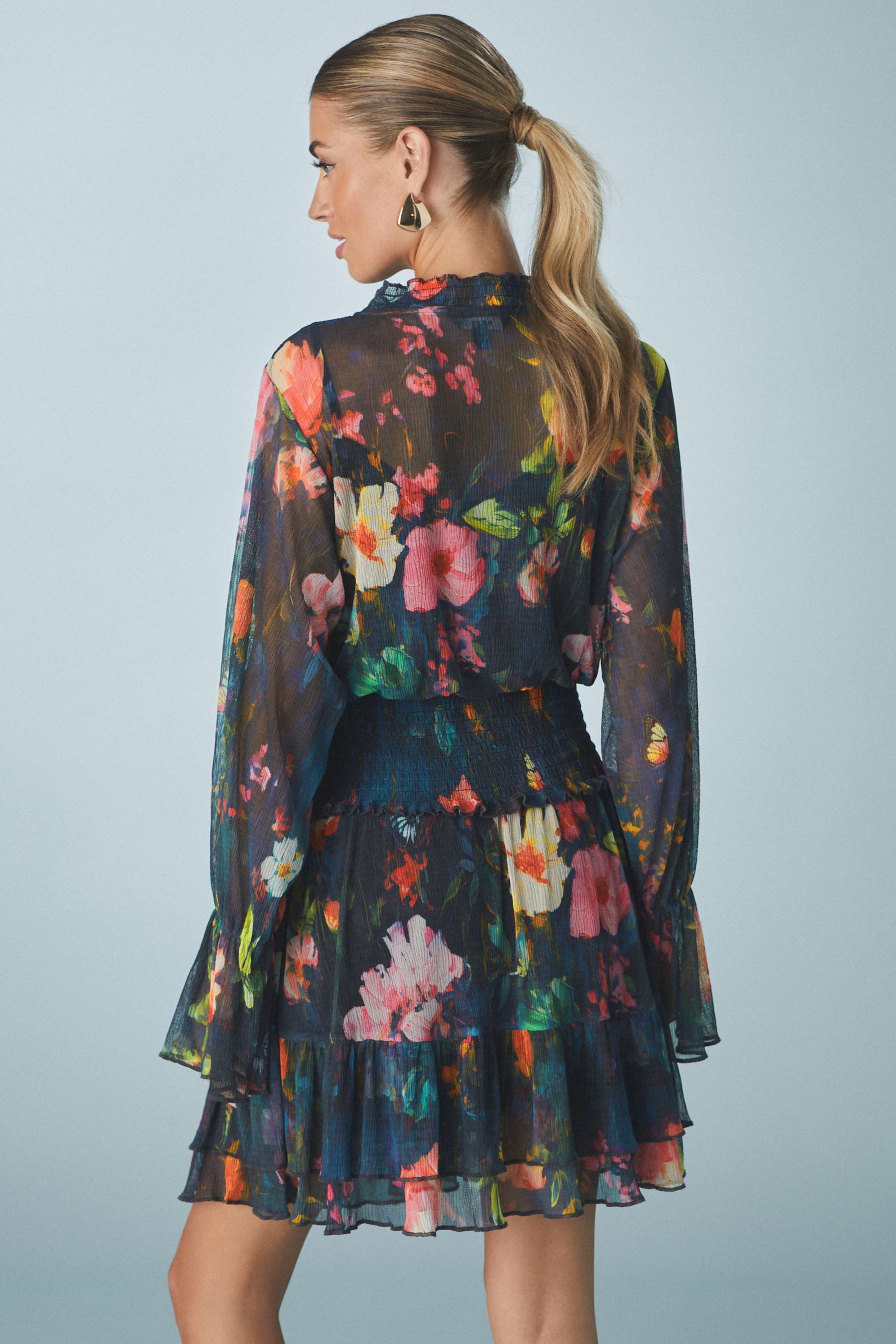 Next Tüllkleid Geblümtes Mesh-Minikleid mit Bindeausschnitt günstig online kaufen