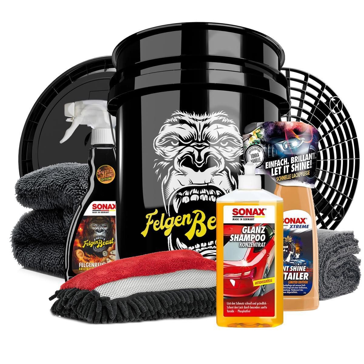 detailmate Auto Wasch Set Sonax Glanz Shampoo 500ml Plus Ultra Felgenbeast Auto-Reinigungsmittel (Plus Ultra Felgenbeast, [- Felgenreiniger - Detailer - Wascheimer - Zubehör)