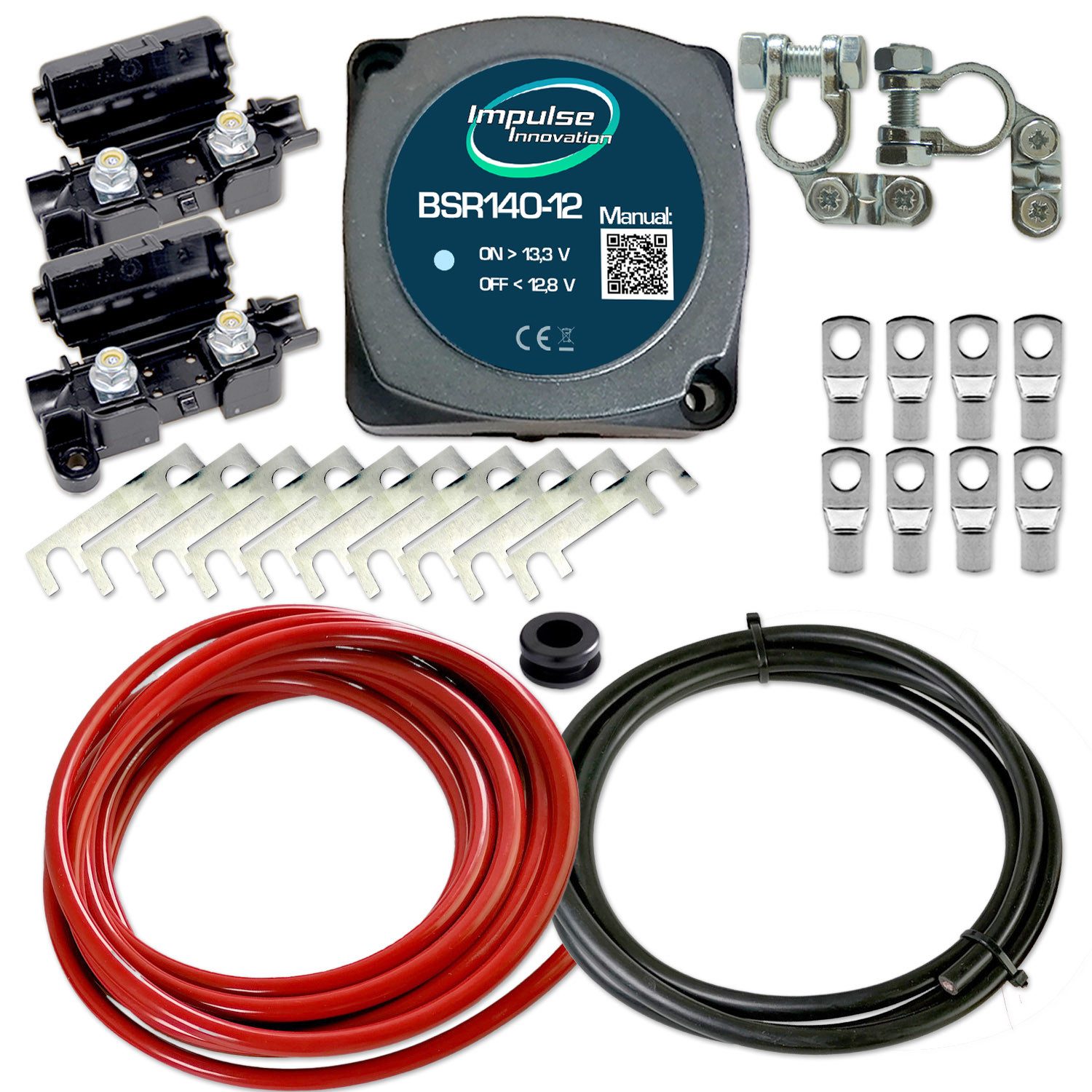 Impulse Innovation Batterie-Trennrelais Automatik Trennrelais Set 12V 3,5m 10mm² Kabel 10x Streifensicherung