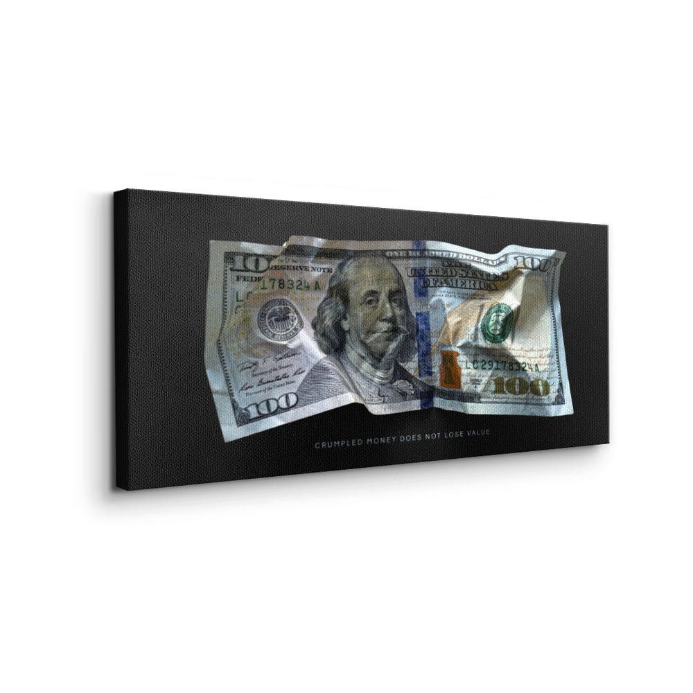 DOTCOMCANVAS® Leinwandbild, Premium V1 Money Crumble Motivationsbild goldener Rahmen 