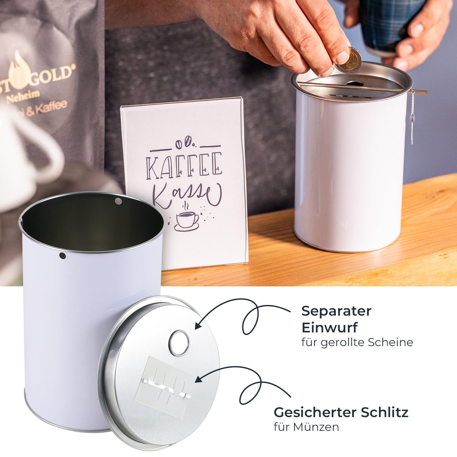HMF Spardose 46000-07 Spendendose 10,0 cm Ø, 14,5 cm hoch ohne Griff, (1-tlg), für Spendensammlungen, inkl. Zubehör