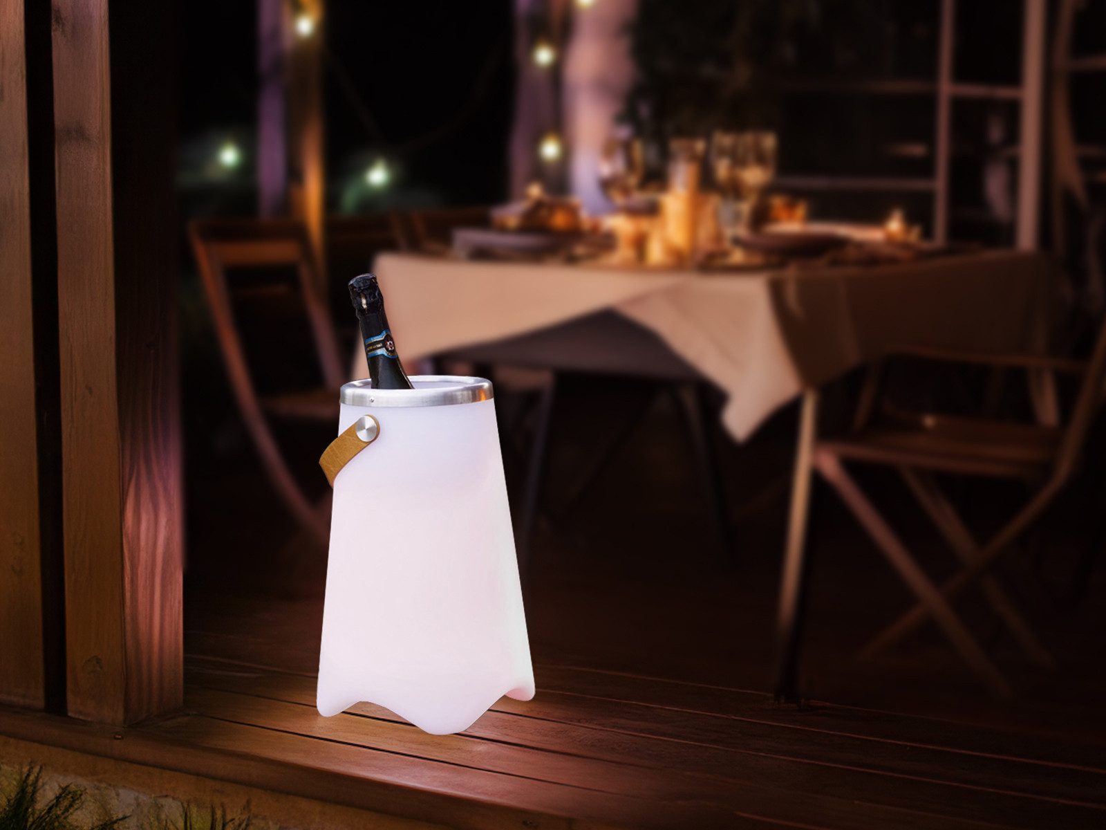 meineWunschleuchte LED Außen-Stehlampe, Farbwechsel und Bluetooth Lautsprecher, LED fest integriert, Warmweiß, Akku Bodenlampe für Innen & Außen kabellos mit Weinkühler, Höhe: 50cm