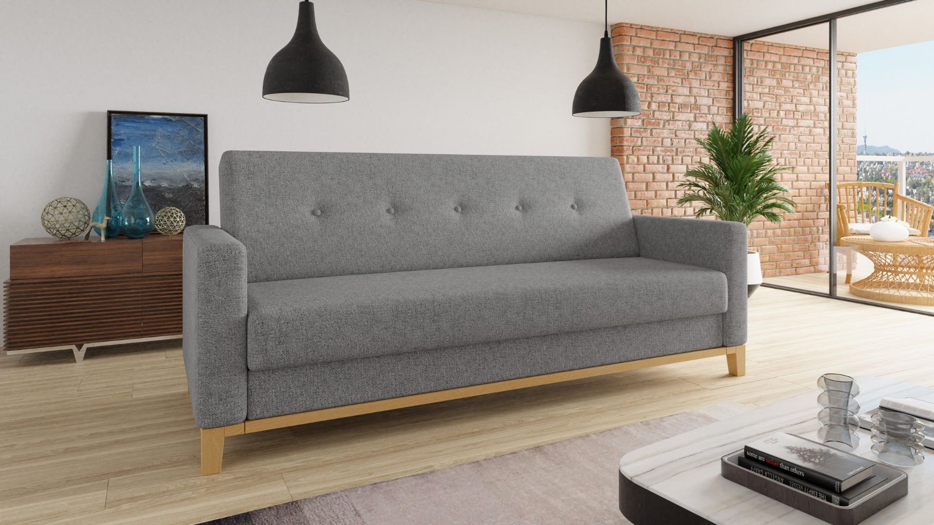 Sofnet Schlafsofa Holzfüße Bettkasten, Schlaffunktion 21 und und Wellenfeder Bettsofa Wood, Twist mit mit