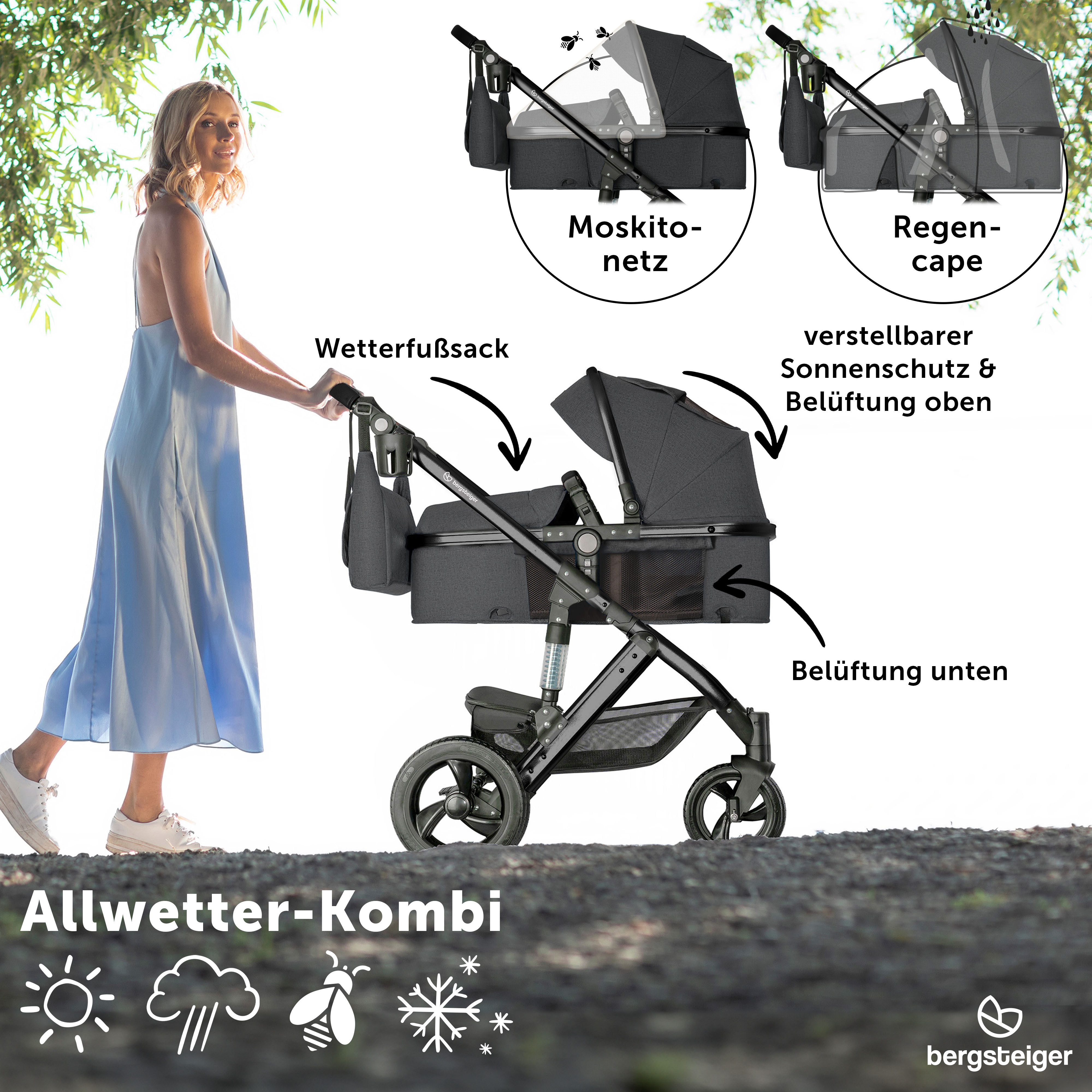 bergsteiger Kombi-Kinderwagen Nizza 3 in 1 Kinderwagen, Auto-Babyschale & Isofix Station optional