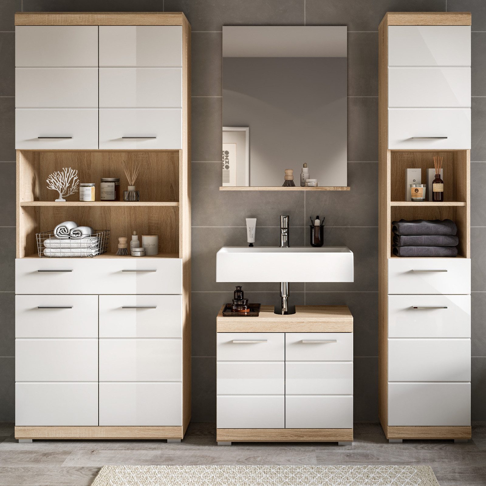 Inn.Furn Badmöbel-Set Mambo, (Badezimmer 4-teilig in Weiß Hochglanz und Sonoma Eiche, ca. 185 x 191 cm), mit 4-türigen Hochschrank und Vollauszug-Schubkästen