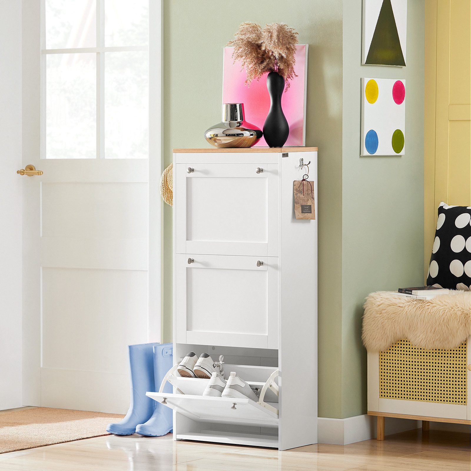 SoBuy Schuhschrank FSR144 Schuhkipper mit 3 Klappen Schuhablage Schuhkommode mit 2 Haken Weiß