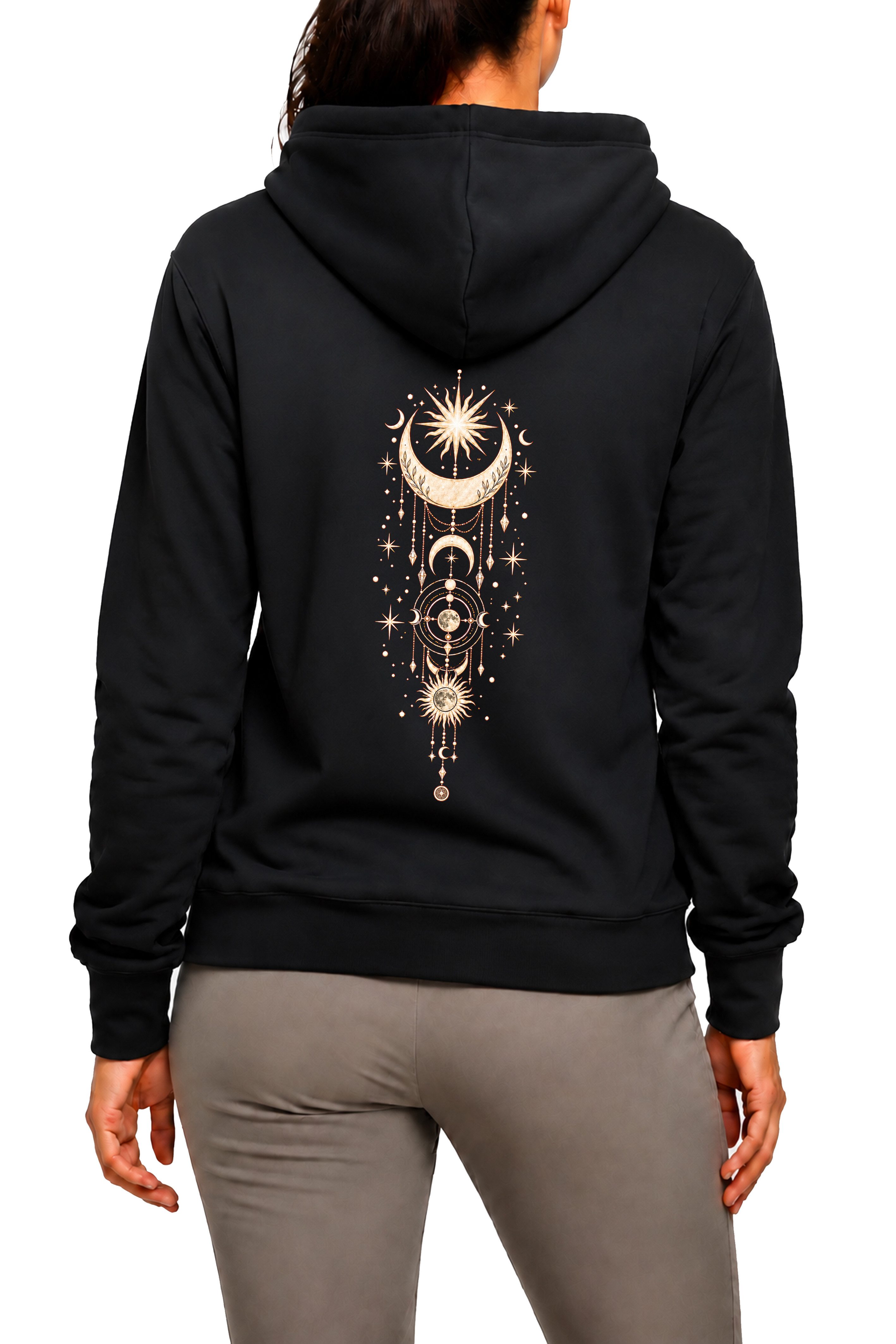 Banco Hoodie Damen Mond, Sonne, Sternen Rückenprint Kapuzenpullover Langarm Kapuzenpullover mit 2 Eingriffstaschen