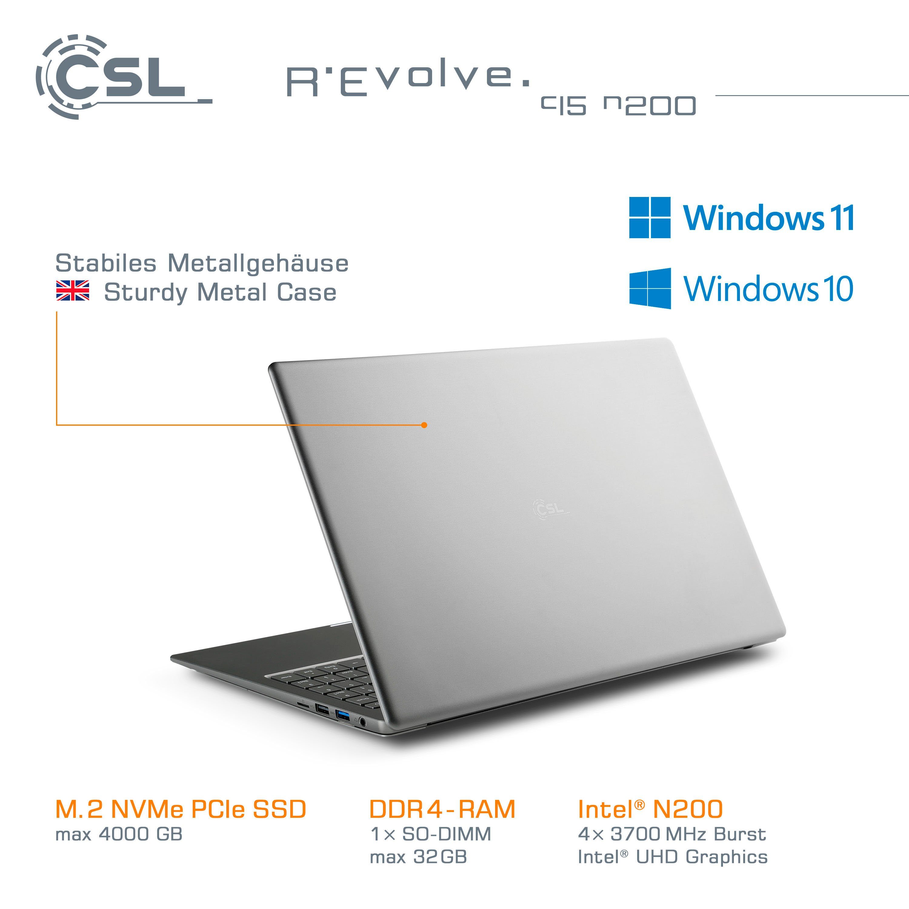 CSL R'Evolve C15 v3 Notebook (39,6 cm/15,6 Zoll, Intel N-Reihe N200, UHD Graphics, 16 GB, 1000 GB SSD) silberfarben