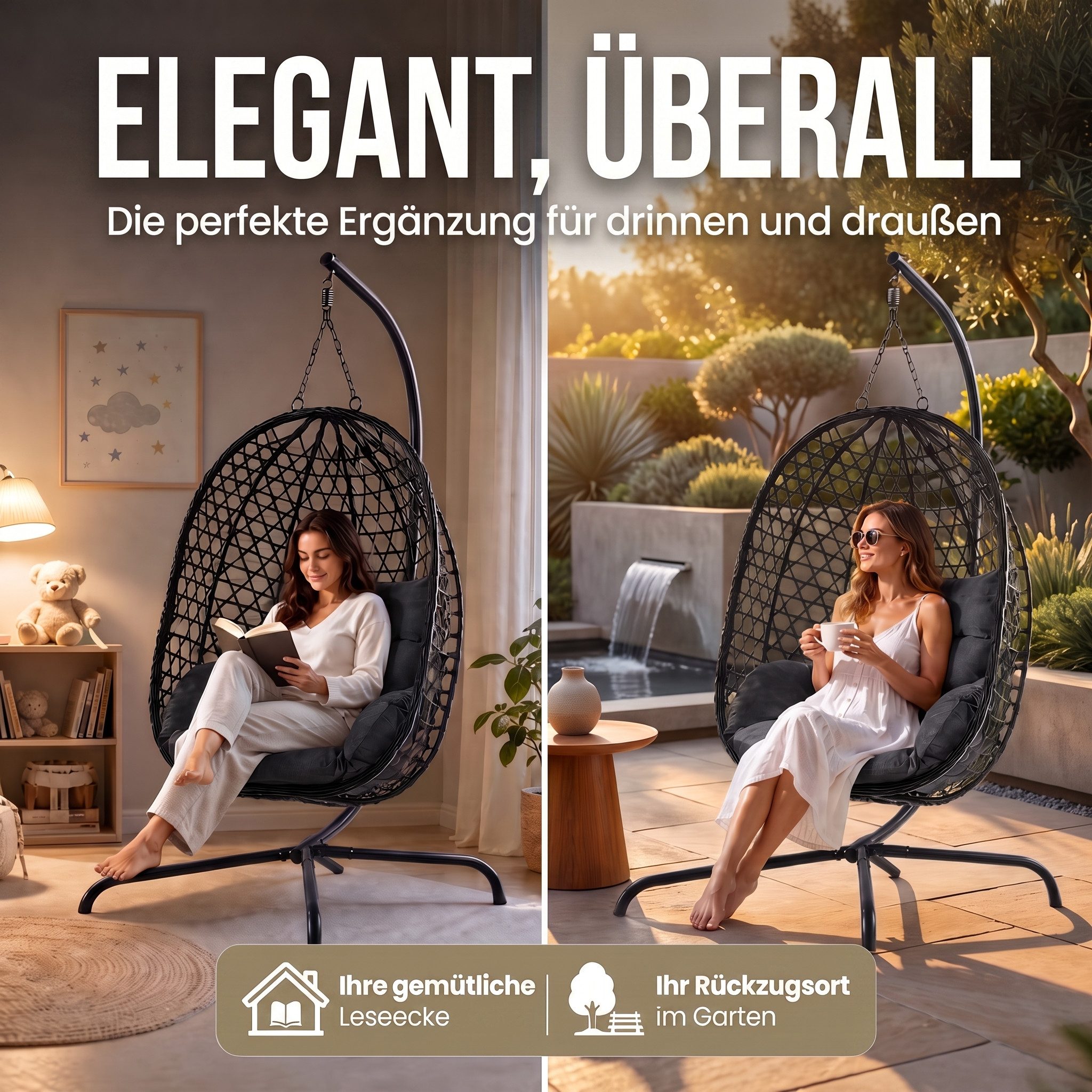 Goods+Gadgets Hängestuhl Polyrattan Hängestuhl mit Gestell und Kissen–Komfort für Innen & Außen (Hängekorb Sessel), Schwebeliege Rattan Outdoor & Indoor Relax Hängeliege