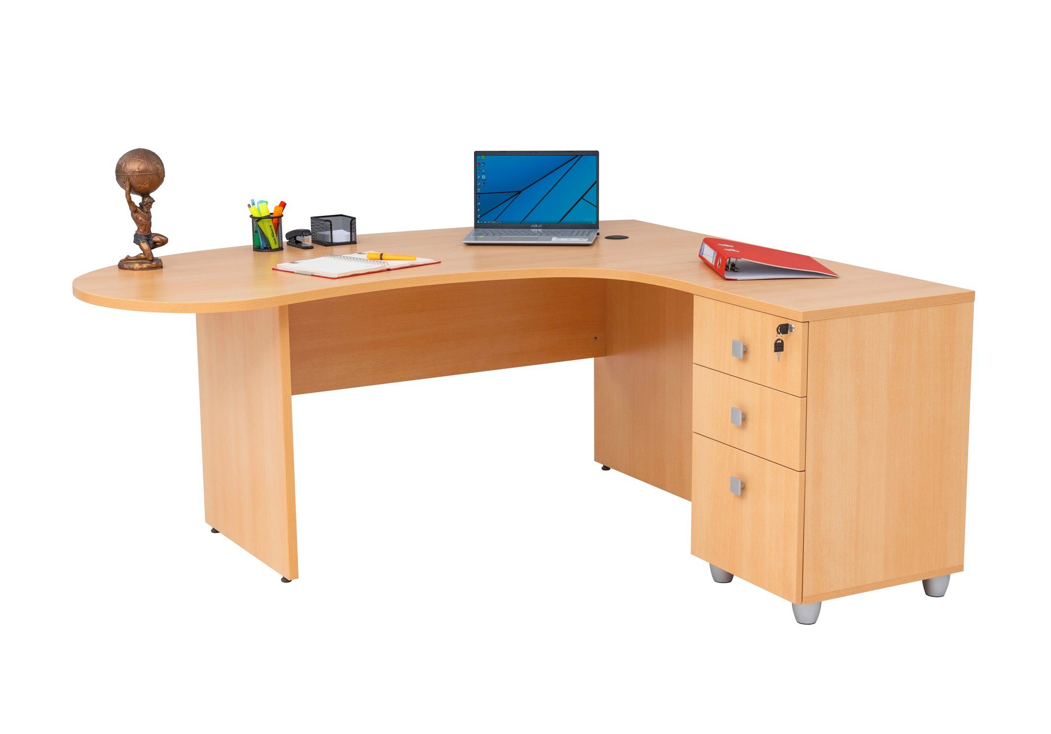 Furni24 Schreibtisch inkl. Beistellcontainer Gela,Holzfuss,Buche,180 Winkelschreibtisch cm