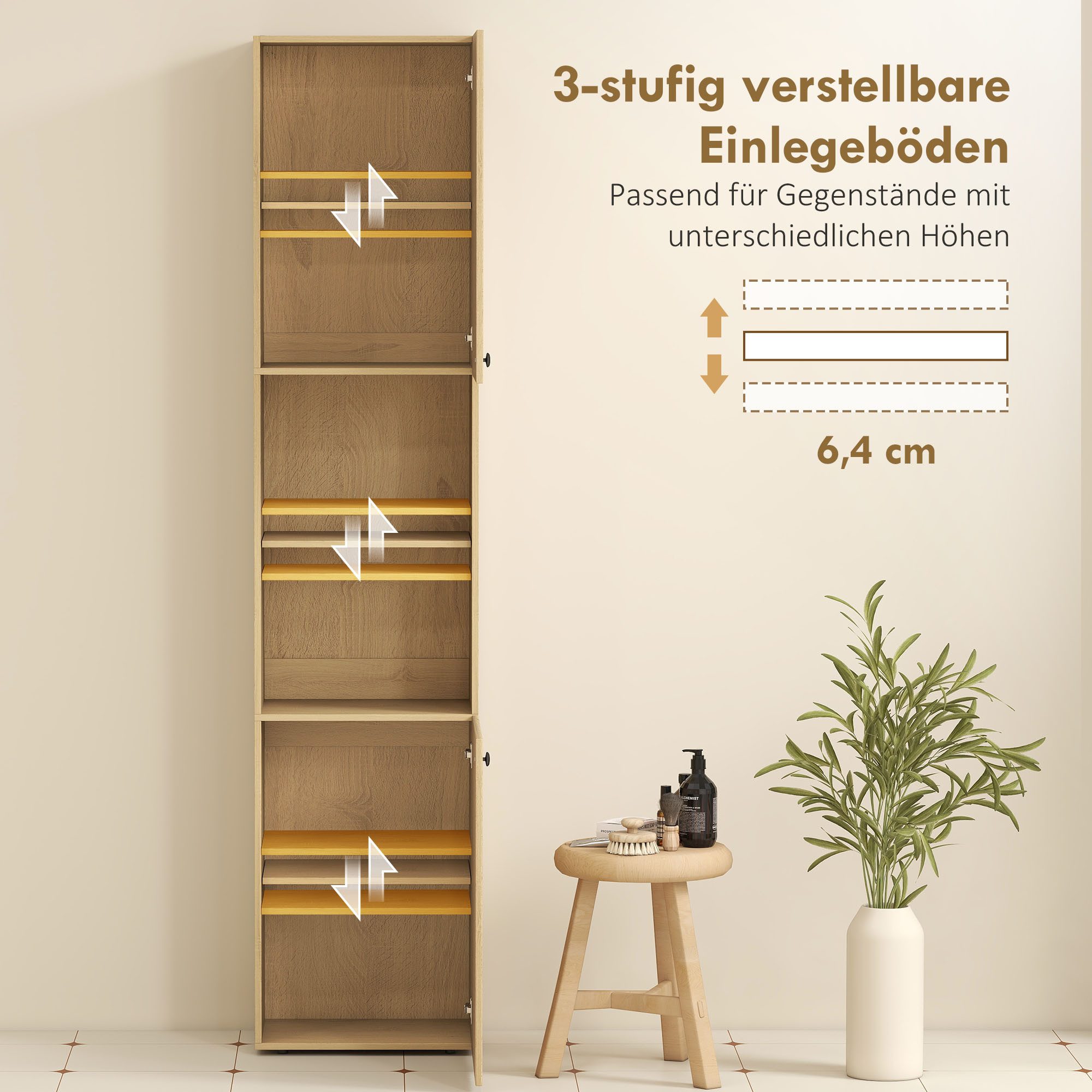 HOMCOM Badkommode mit 2 Schränke, 2 offene Regale (Badschrank, 1 St., Hochschrank), für Badezimmer, Eiche