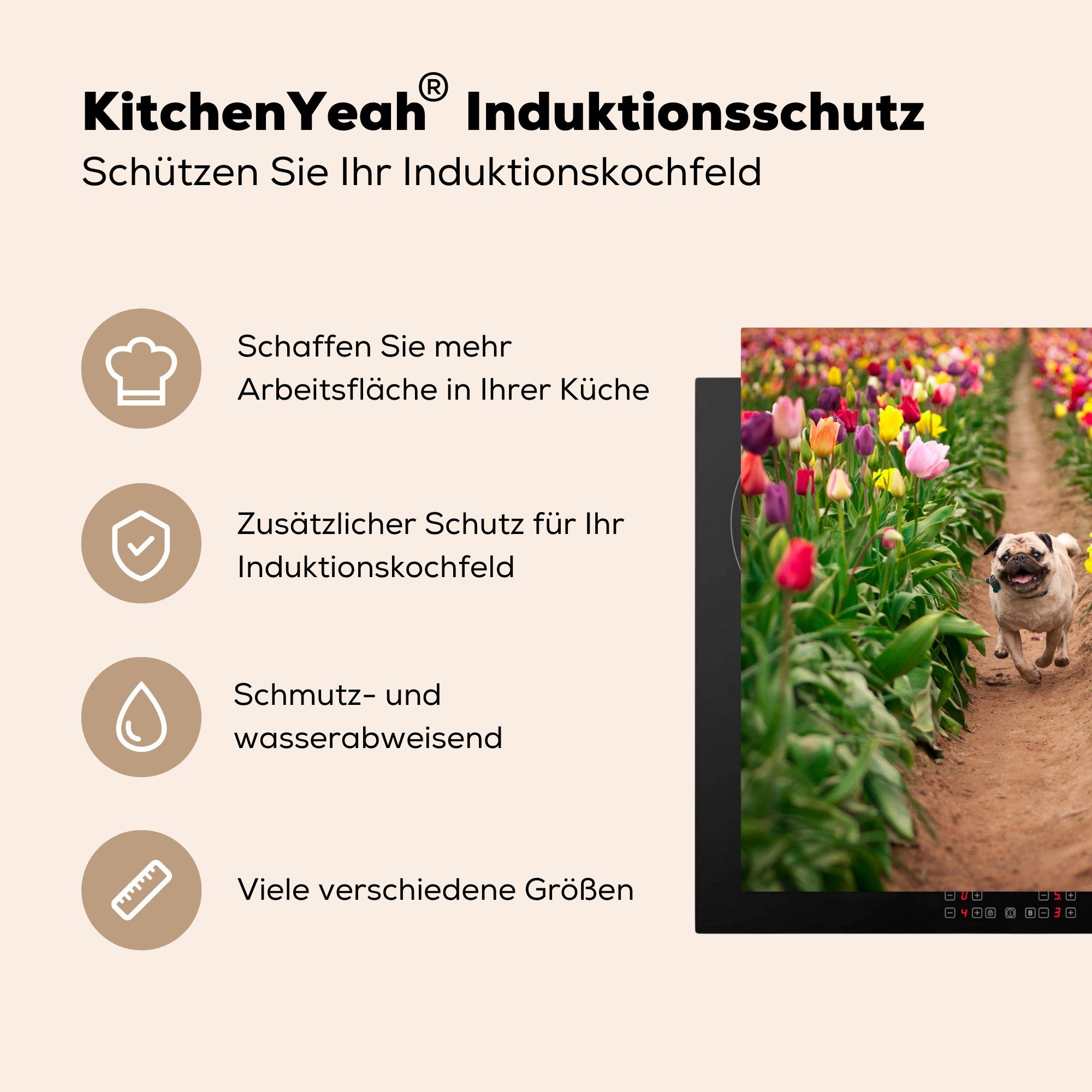 Tulpen cm, Vinyl, küche Herdblende-/Abdeckplatte Blumen - - für (1 MuchoWow Hund, tlg), Ceranfeldabdeckung, 78x78 Arbeitsplatte