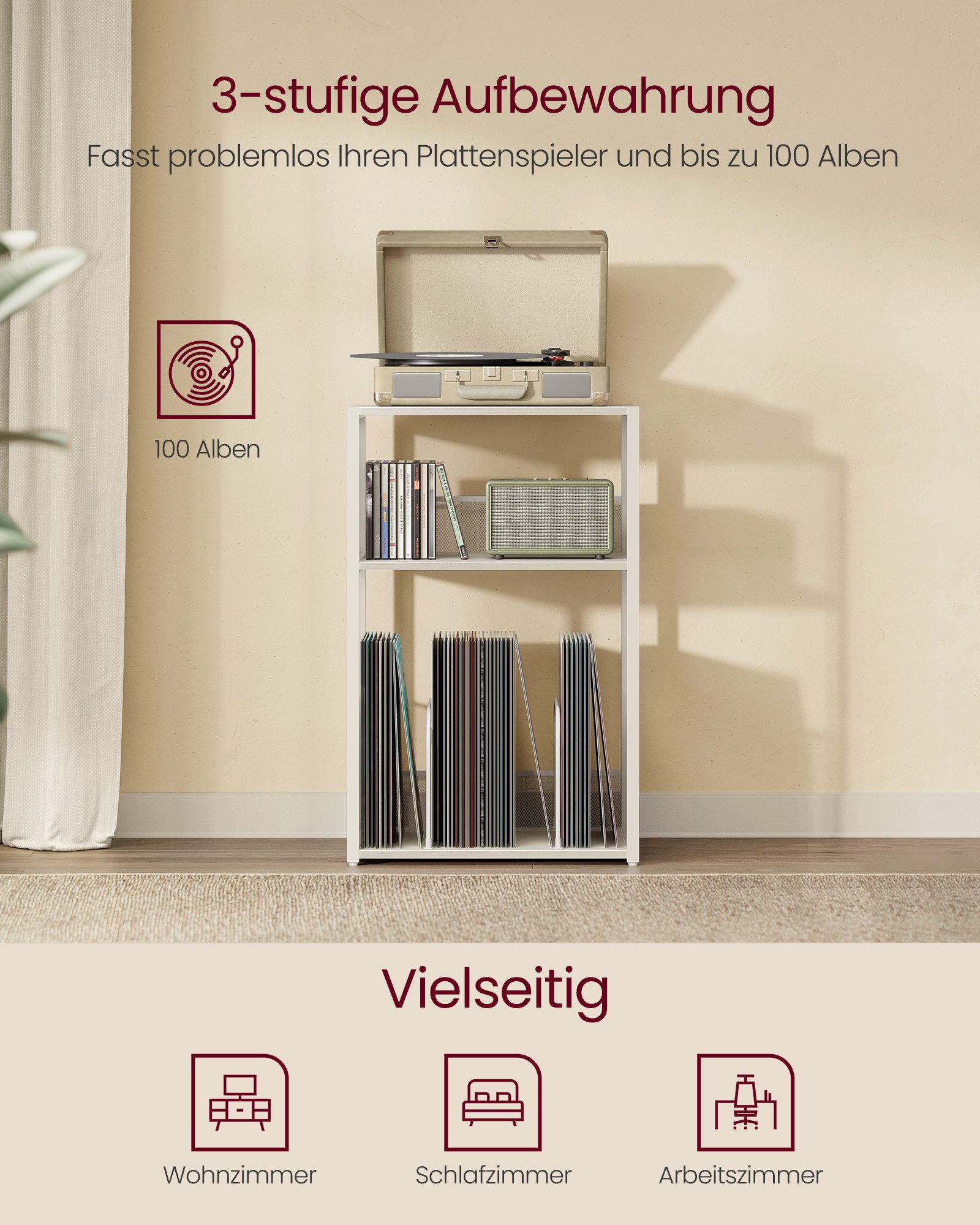 VASAGLE Beistelltisch Plattenspieler-Ständer Beistelltisch, 3 Etagen, für Wohnzimmer, von Schallplatten, bis zu 140 Alben, Aufbewahrung – Bild 4 von 5