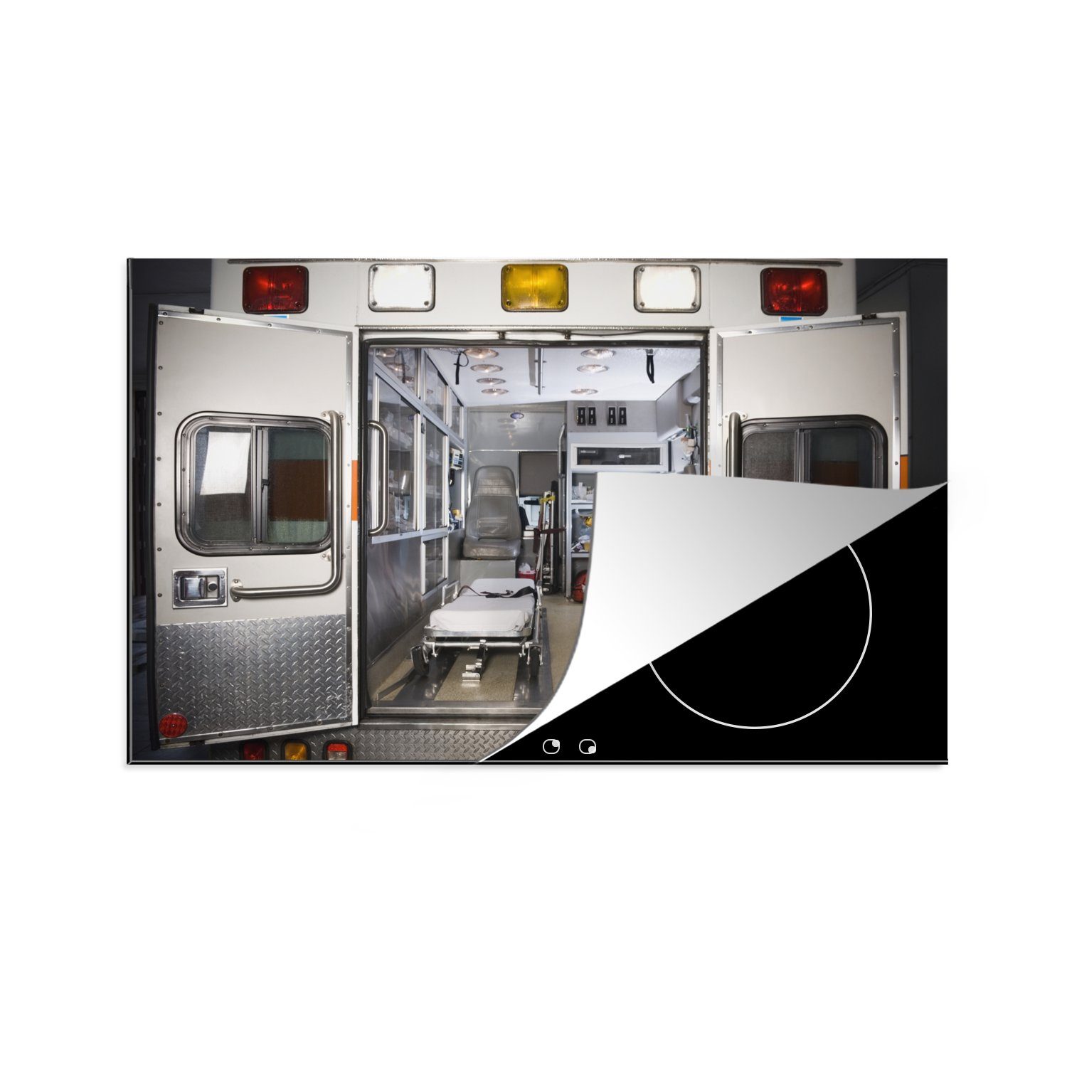 MuchoWow Herdblende-/Abdeckplatte Krankenwagen mit offenen Türen, Vinyl, (1 tlg), 81x52 cm, Induktionskochfeld Schutz für die küche, Ceranfeldabdeckung