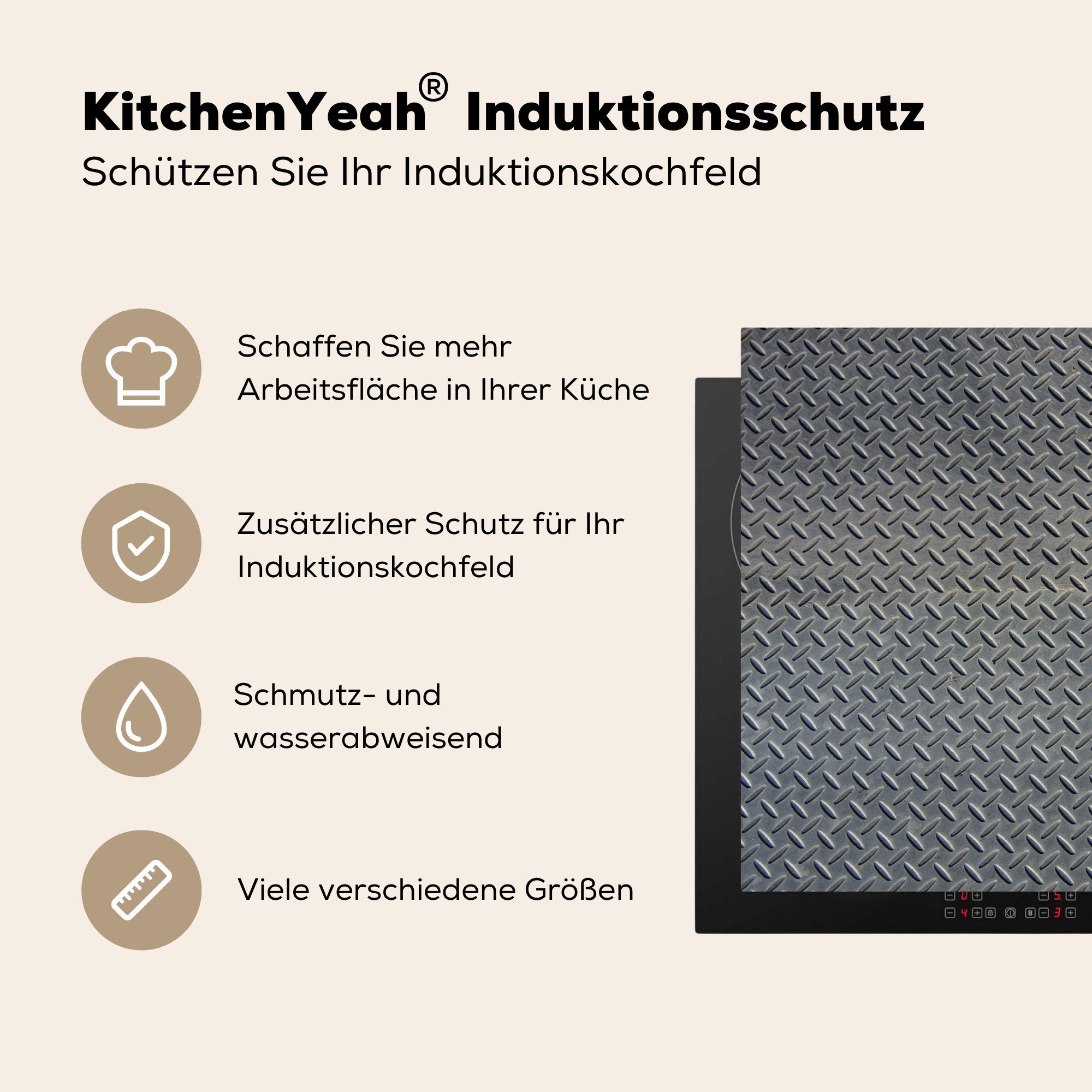 - cm, Metalldruck Anti-Rutsch MuchoWow - Vinyl, 81x52 die Schutz für tlg), Induktionskochfeld (1 Grau, küche, Ceranfeldabdeckung Herdblende-/Abdeckplatte