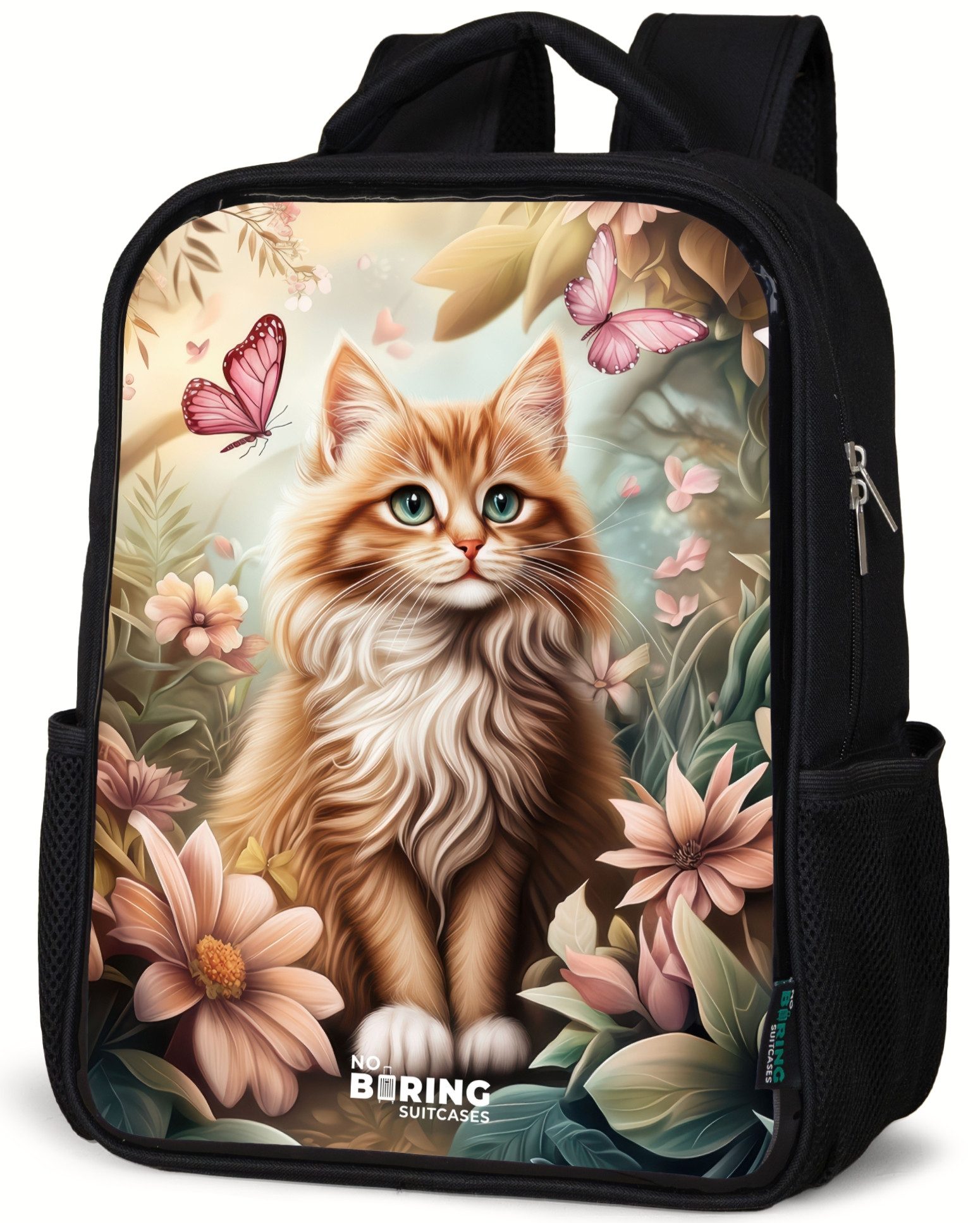 Rucksack Katze im Blumenfeld mit rosa Schmetterlingen.