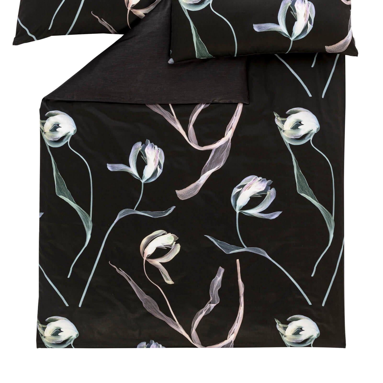 Estella Bettwäsche Tulipa 7597 900 Schwarz, Mako-Satin, 2 teilig, Tulpen, Blüten, Florales Design