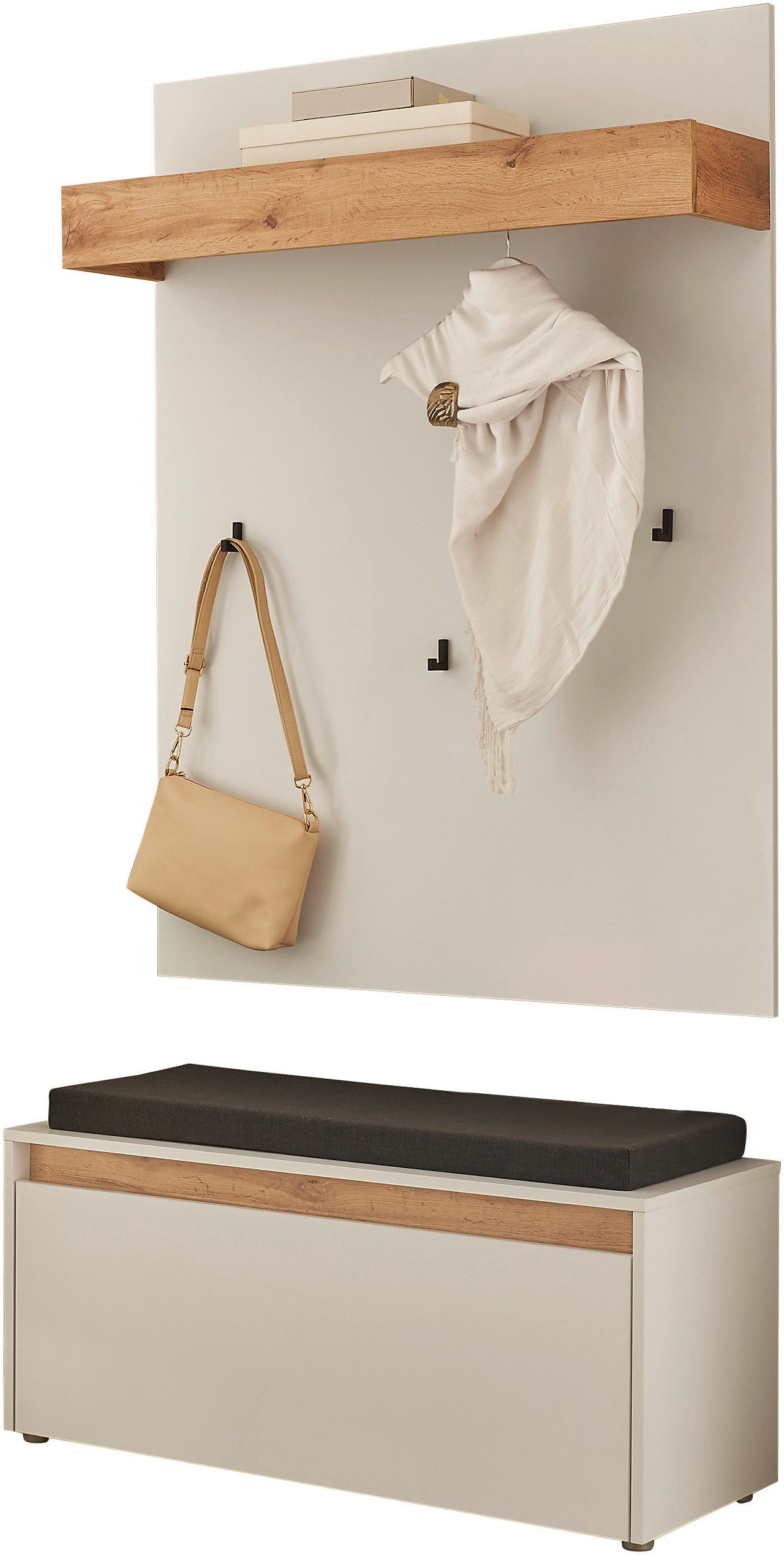 Home affaire Garderoben-Set GIRON/CiTY, moderne Garderobe, Komplettset mit viel Stauraum, (Komplett-Set, 2-St), enthält Garderobenpaneel & Schuhbank inkl. Sitzkissen, 100 cm breit