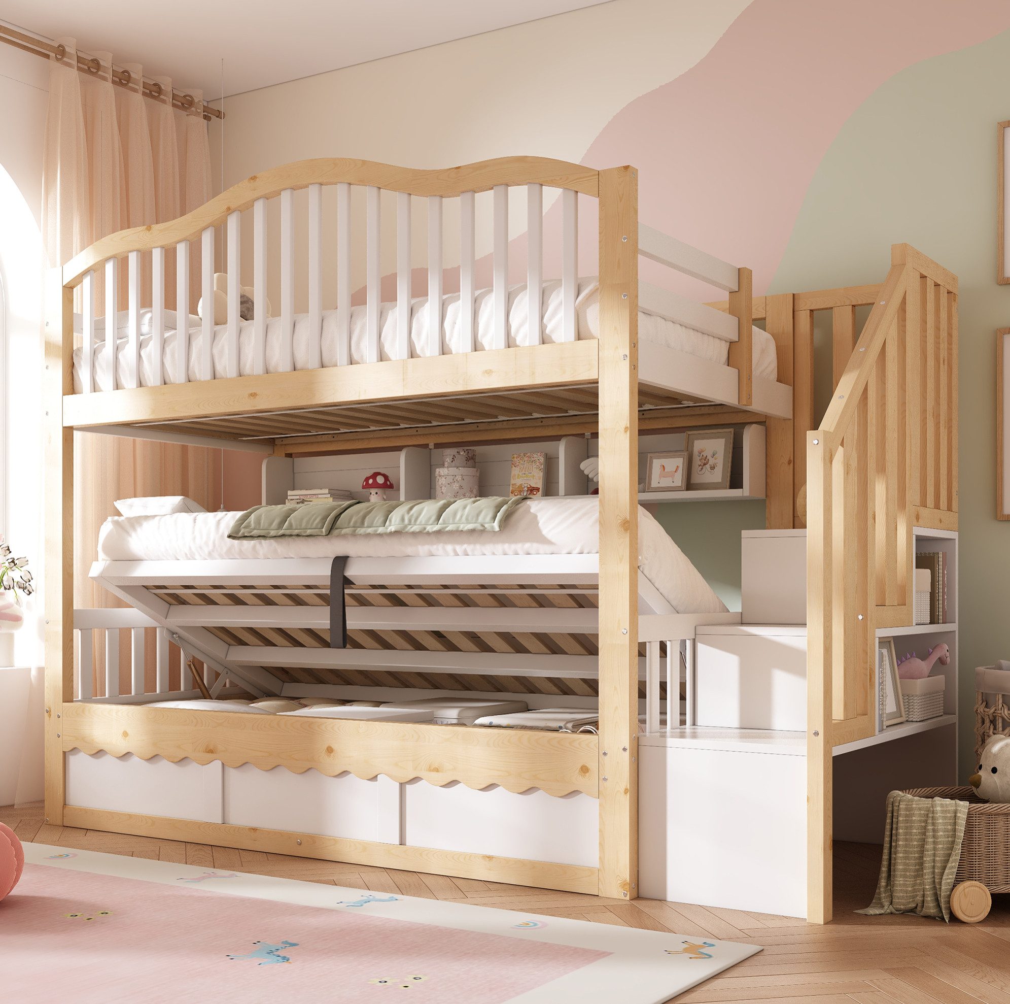 MODFU Etagenbett Kompaktes Kinder-Hochbett – 252×98×170 cm mit Stauraum & Treppe (Packung, Weiß+Eiche, mit H10cm Matratzen, für Kinderzimmer & Gäste), 2×90×200 cm, Regale, Hydraulik, sicher