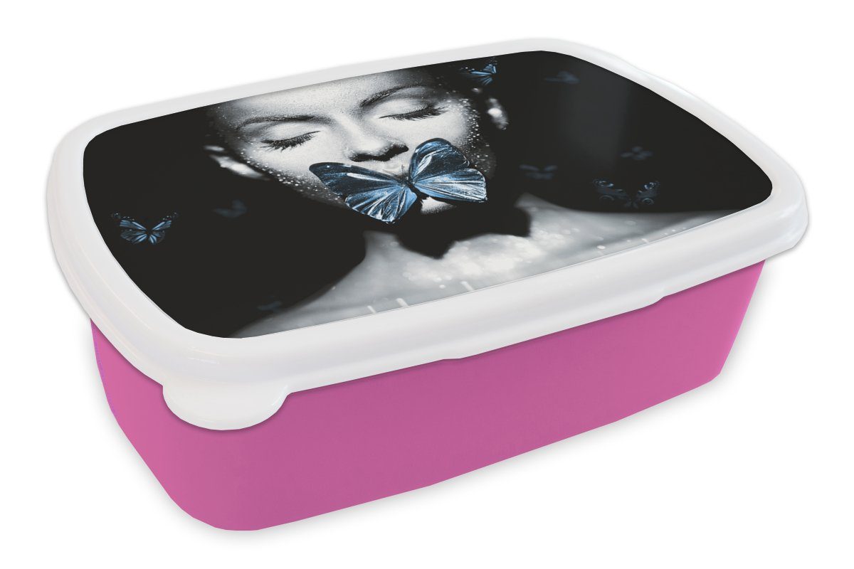 MuchoWow Lunchbox Frau - Schmetterling - Chic, Kunststoff, (2-tlg), Brotbox für Erwachsene, Brotdose Kinder, Snackbox, Mädchen, Kunststoff rosa