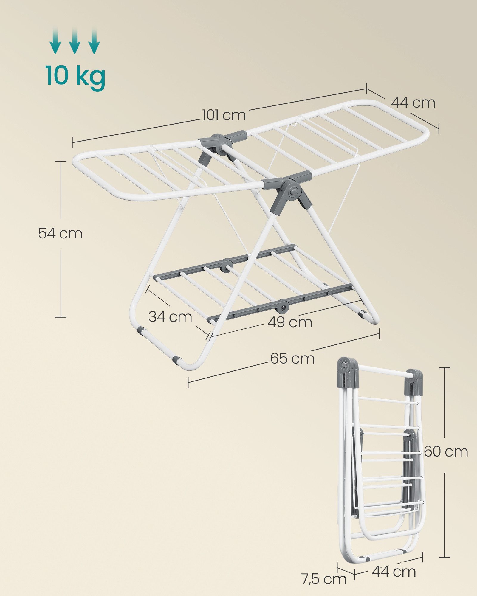 SONGMICS Wäscheständer Standtrockner, klein, faltbare, mit 2 Flügeln, platzsparend, Metall, 44 x 101 x 54 cm