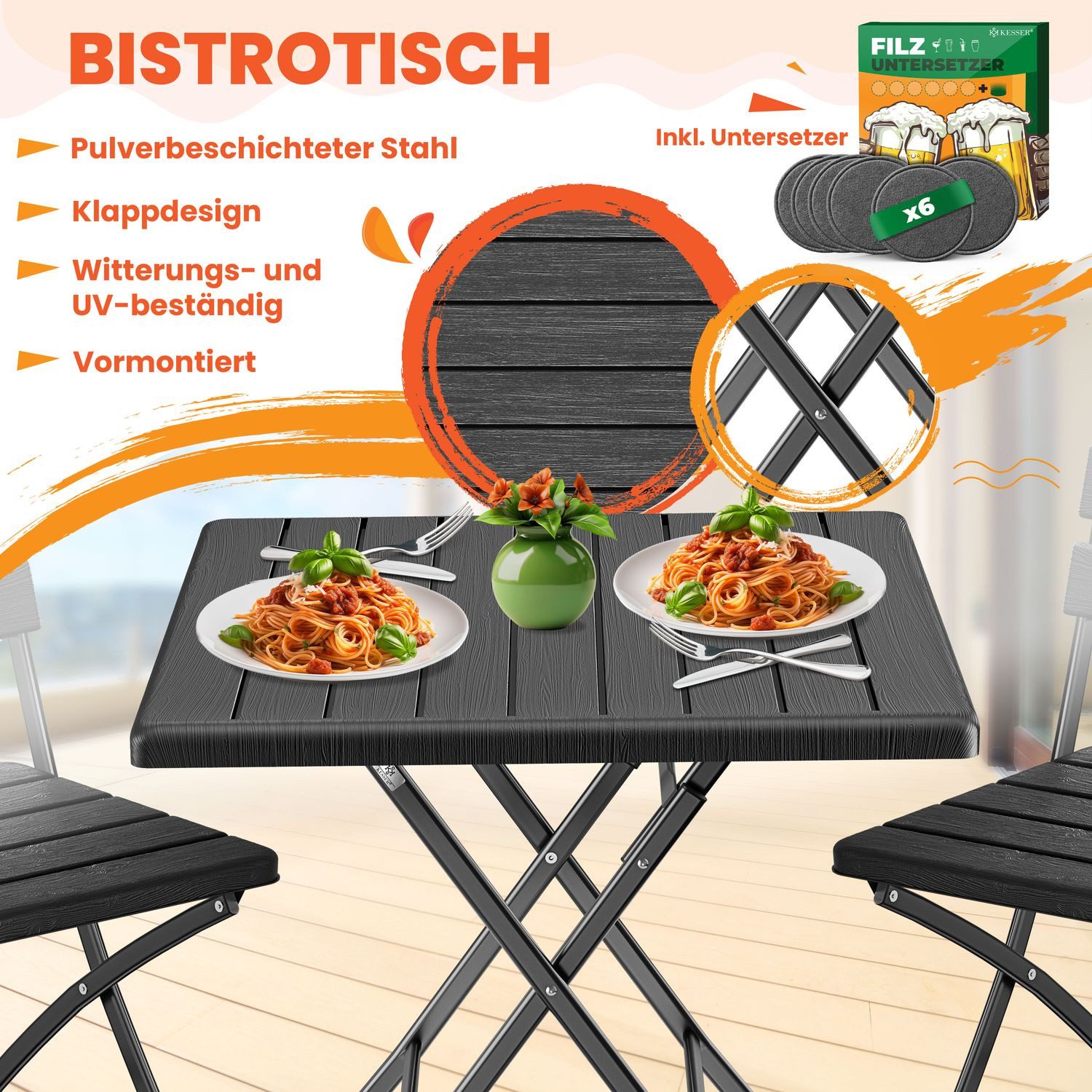 KESSER Bistrotisch Balkontisch klappbar (Gartentisch mit 6 Filz-Untersetzer günstig online kaufen