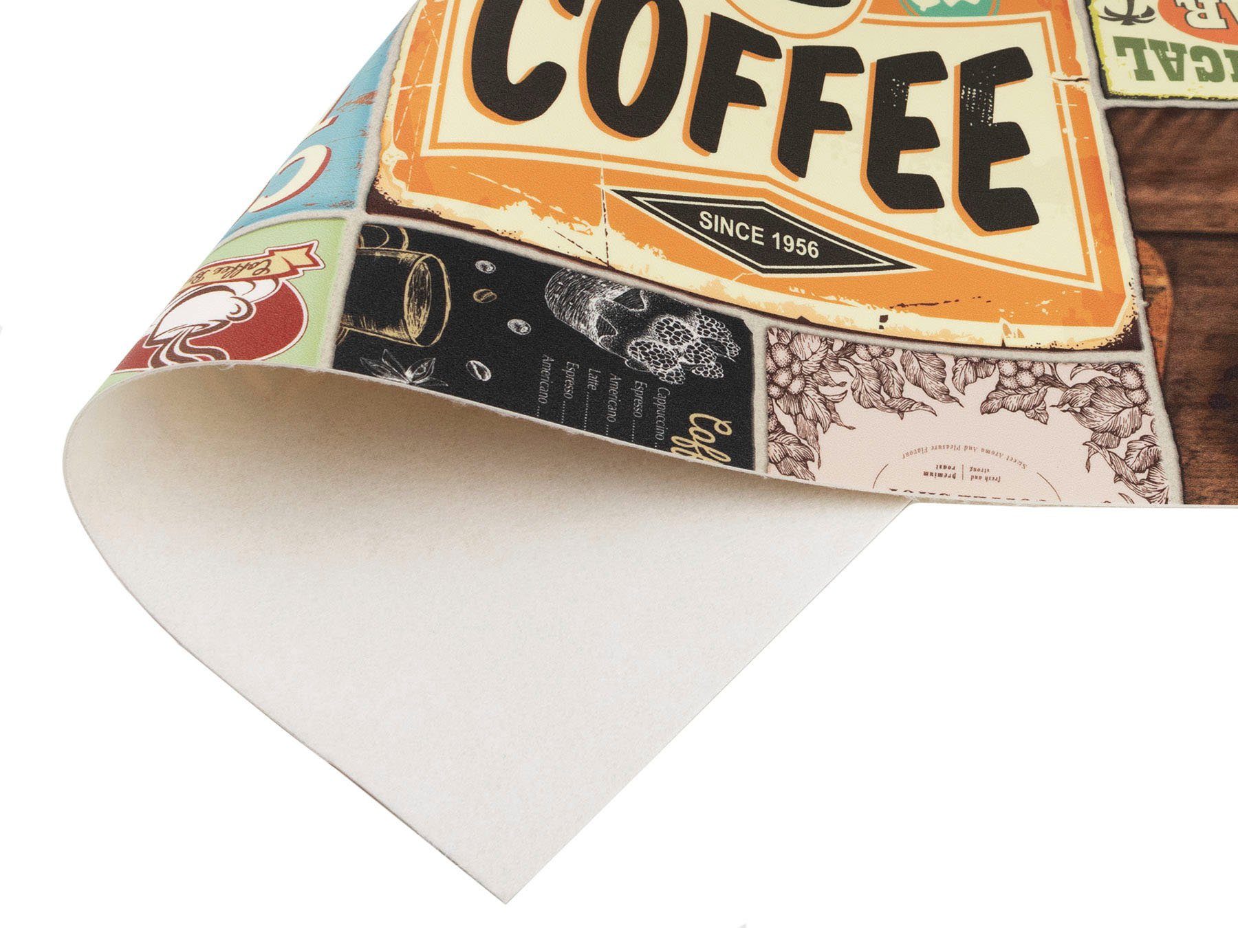 Primaflor-Ideen in Textil Vinyl-Läufer Küchenläufer COFFEE TIME, Made in Belgium, rechteckig, Höhe: 2,5 mm, aus Vinyl, abwischbar, Patchwork Design, Motiv Kaffee, Küche