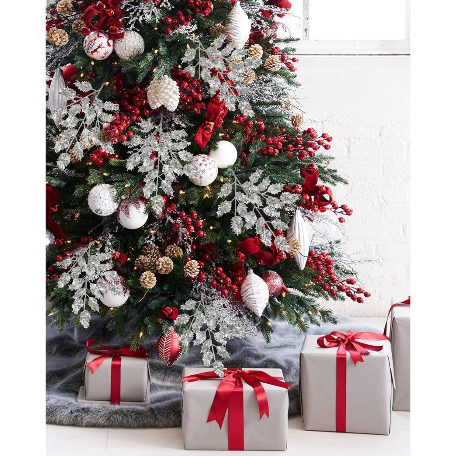 Kunstzweig Kunstzweig Weihnachtsdeko Glitzer Eichenblätter 58cm 6PCS Silber, LuxusKollektion