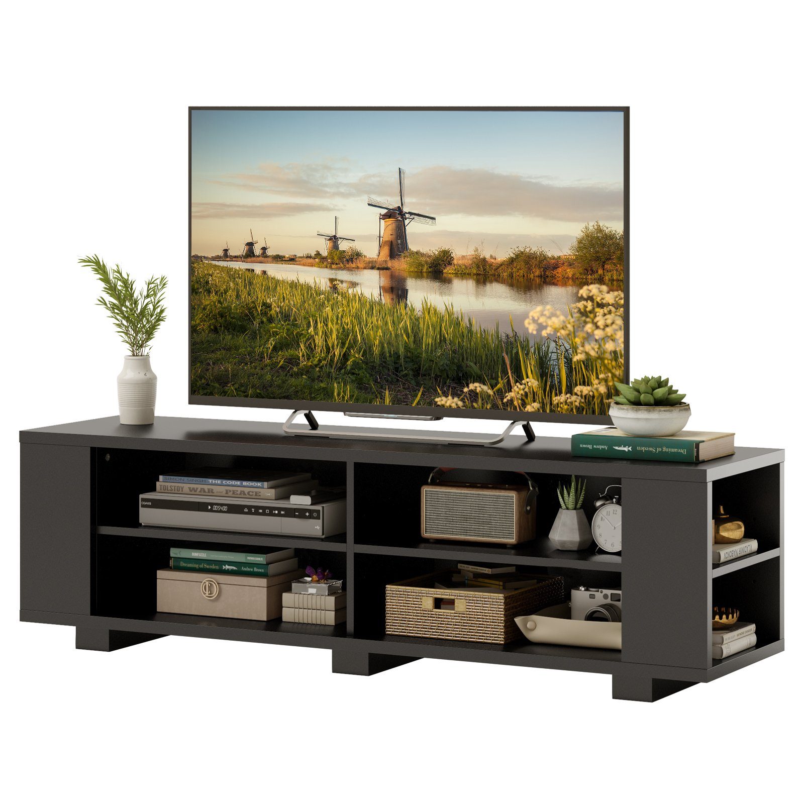 COSTWAY TV-Schrank mit 8 offenen Fächern, verstellbaren Regalen, Holz, 150cm Schwarz