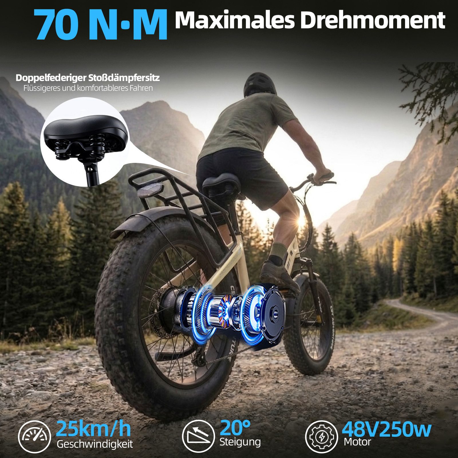 Vankel E-Bike Klapprad 20x4 Zoll, 70Nm, 860Wh, 140km, Drehmomentsensor, max. 150kg, 7 Gang SHIMANO, Kettenschaltung, Heckmotor, 870 Wh, (klappbar, LCD-Farbdispl – Bild 5 von 5