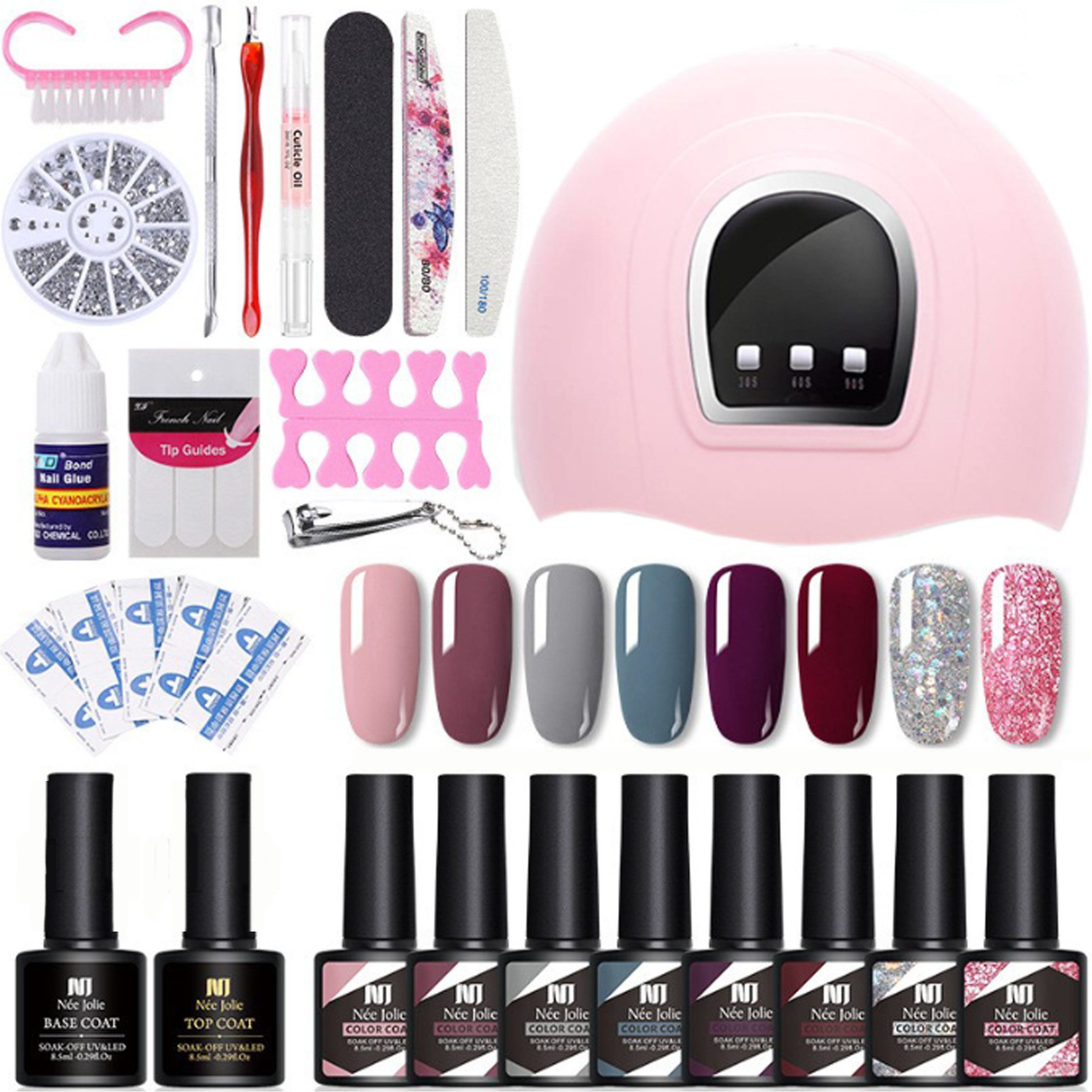 KINSI Nagellack-Set Gel-Nagelstudio-Set mit UV-Lampe,8x Farb-Gellacke & Komplettes Zubehör, für langanhaltenden, glänzenden Lackiergang zu Hause