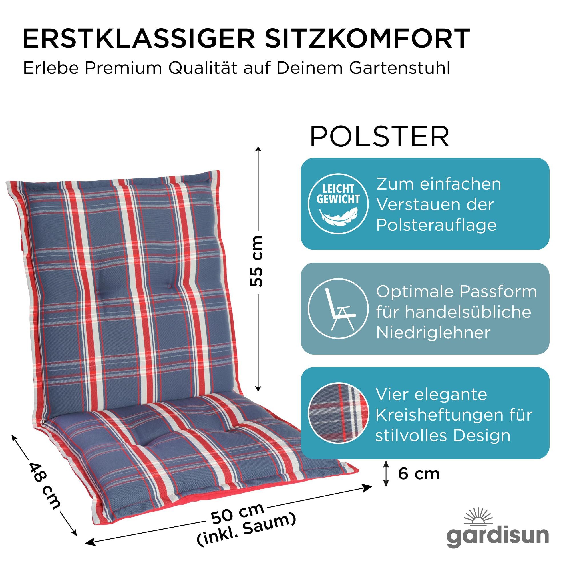 Gardisun Auflagekissen Gartenstuhlauflagen Polyester 6cm Dick Niedrig, (Extra dicke Sitzauflage, 1-8er Set, versch. Muster)