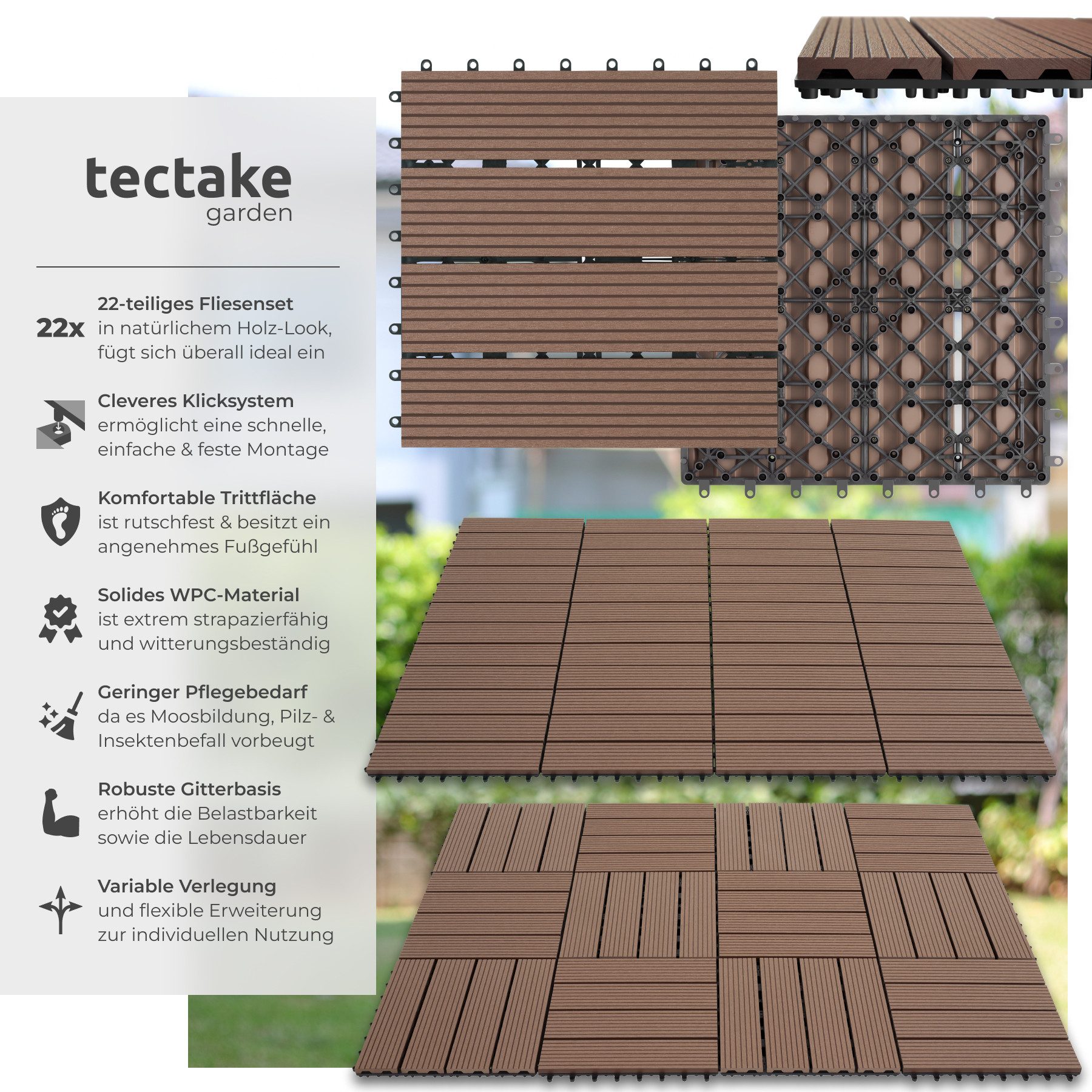 tectake Terrassendielen Terrassenfliesen 22er Set im Klicksystem, 31 x 31 x 2,2 cm, 2,1142 m², BxL: je 31,00x31,00 cm, (Terrassenplatten Außenbereich Tegulas, 22-St., in braun), robustes WPC in Holzoptik, mit Drainage, wetterfest
