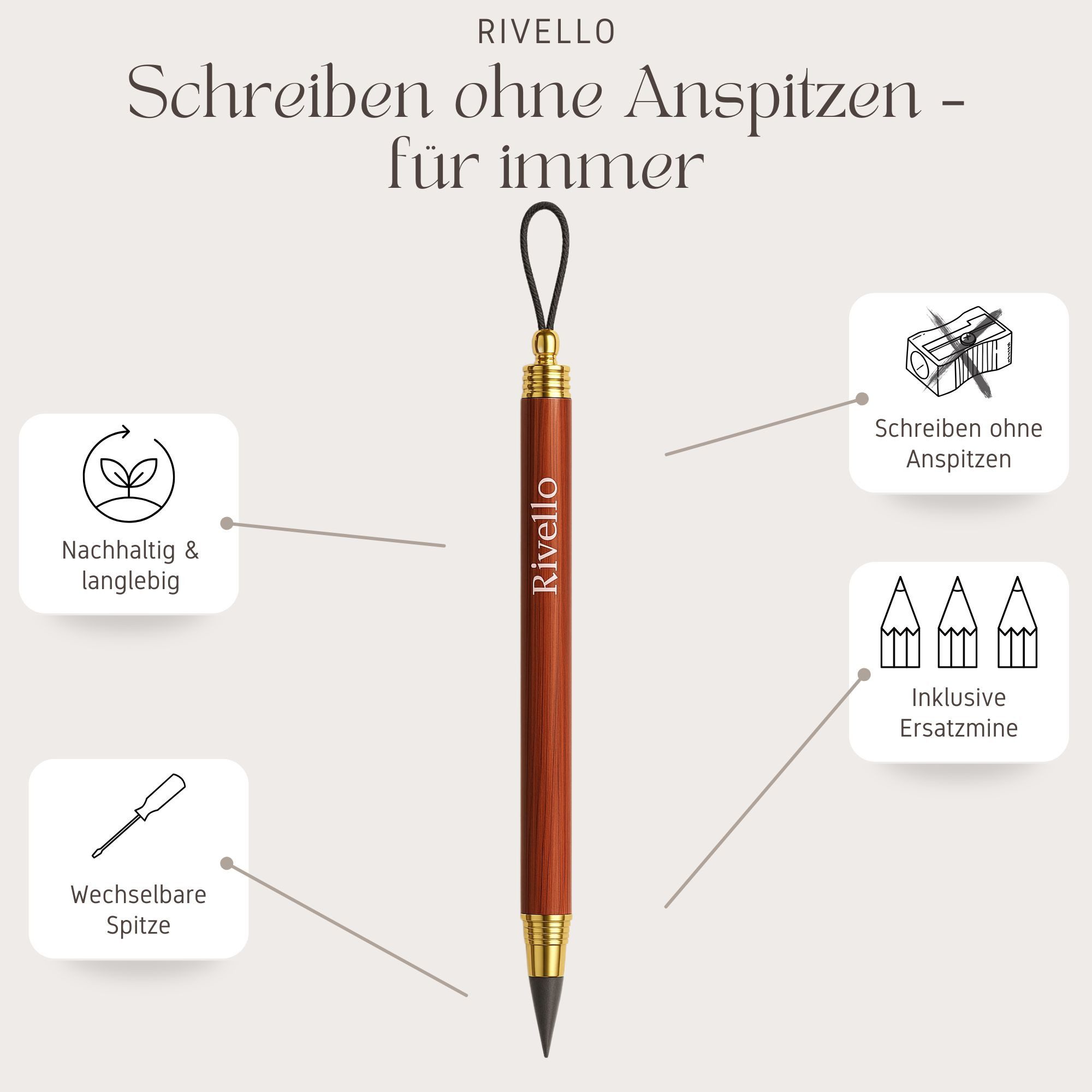 Rivello - Home & Living Bleistift aus Holz – schreibt ohne Anspitzen – mit Ersatzminen – Braun & Schwarz, (3-tlg)