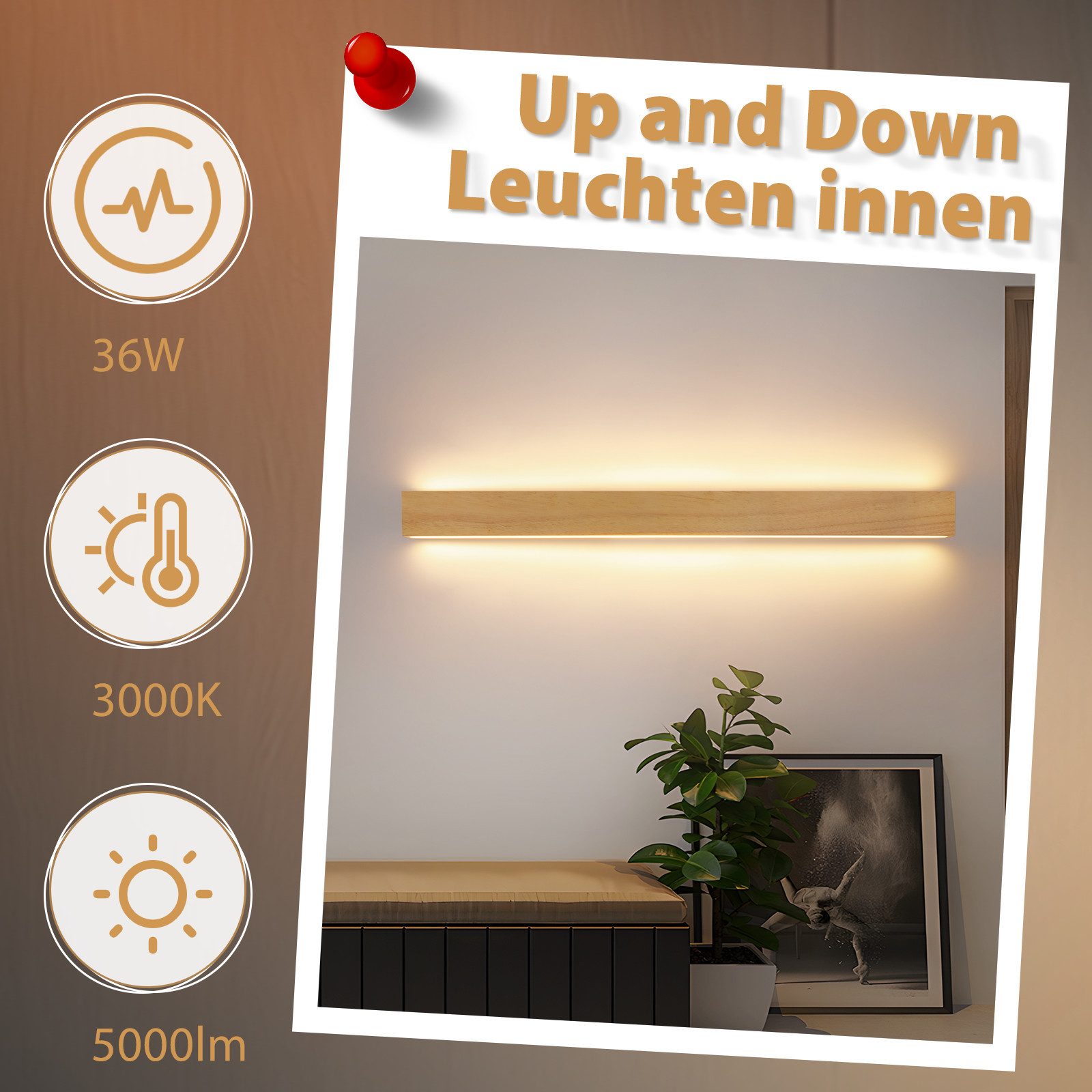 Nettlife LED Wandleuchte Holz 3000K warm weiße Wandbeleuchtung, Drehbar 330 °, LED fest integriert, Warmweiß, Wohnzimmer Schlafzimmer Flur Treppenhaus